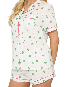 Loungeable Cactus Print Soft Shirt and Shorts Pyjama Set, White - view 2, White