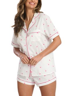 Loungeable Printed Dobby Palm Tree Short Sleeve Shirt and Shorts Pyjama Set, White - view 2, White