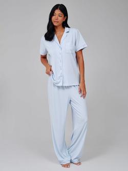 Loungeable Super Soft Jersey Rib Traditional Long Pyjama Set, Light Blue, Light Blue