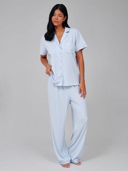 Loungeable Super Soft Jersey Rib Traditional Long Pyjama Set, Light Blue, Light Blue