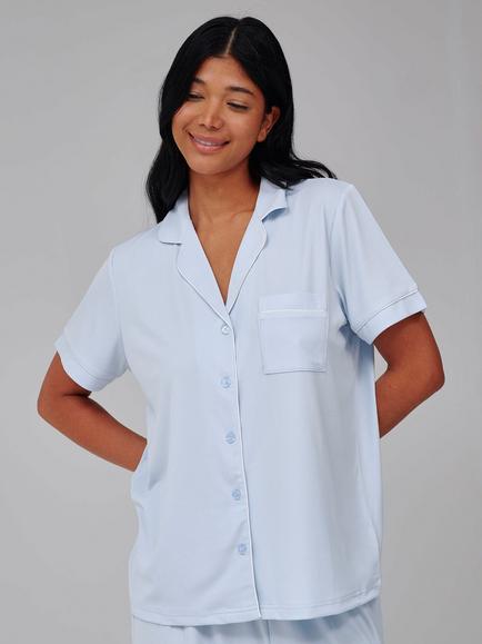 Loungeable Super Soft Jersey Rib Traditional Long Pyjama Set, Light Blue - view 2, Light Blue
