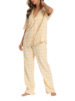 Loungeable Woven Traditional Short Sleeved Co-ord, Light Yellow - view 2, Light Yellow