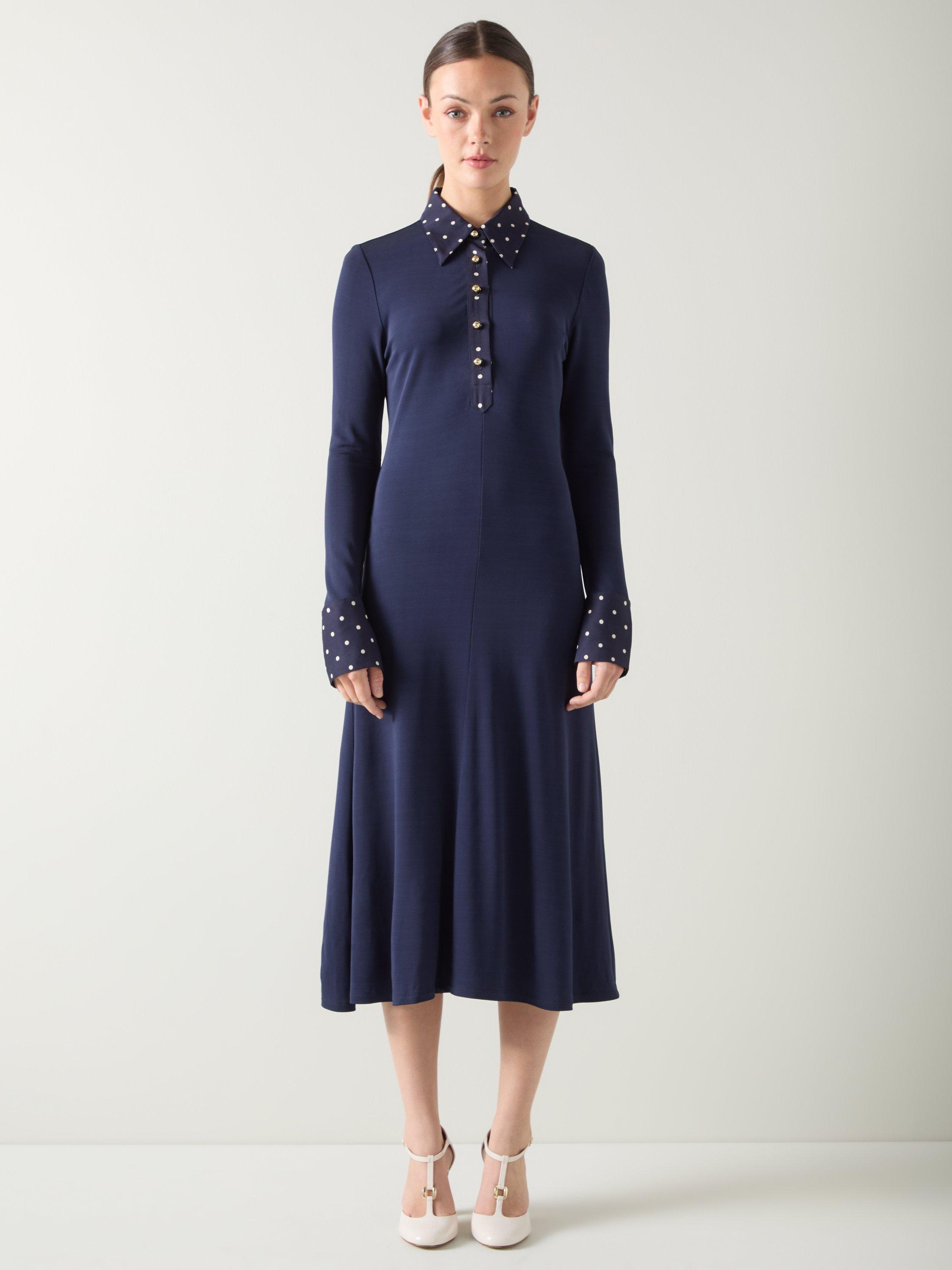 Product image 1 of 5, which shows L.K.Bennett Rita Polka Dot Trim Dress, Navy/Ivory, 6