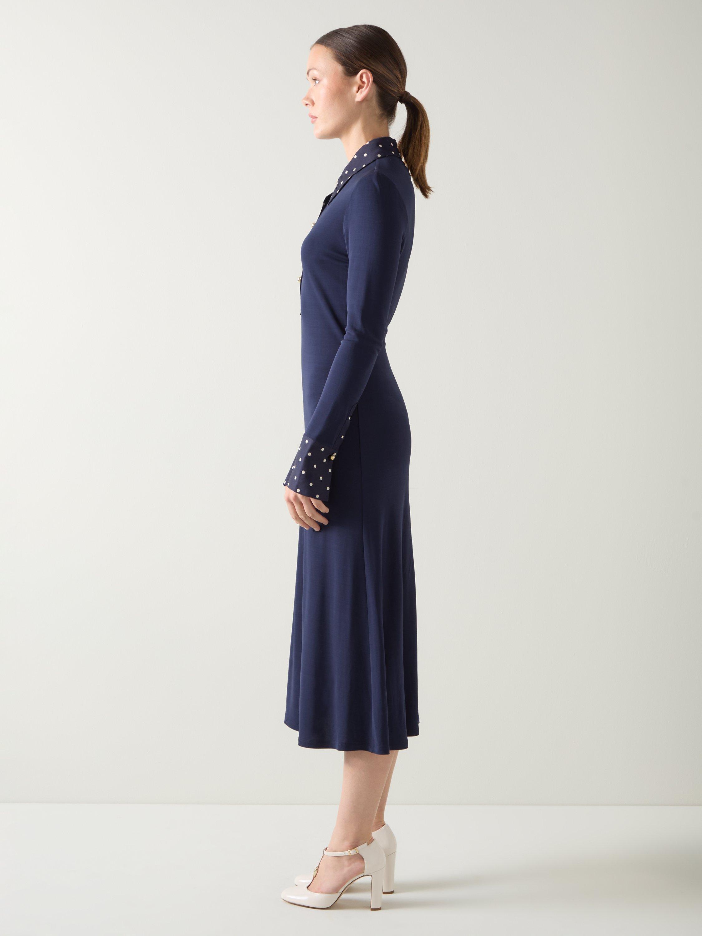 Product image 2 of 5, which shows L.K.Bennett Rita Polka Dot Trim Dress, Navy/Ivory, 6