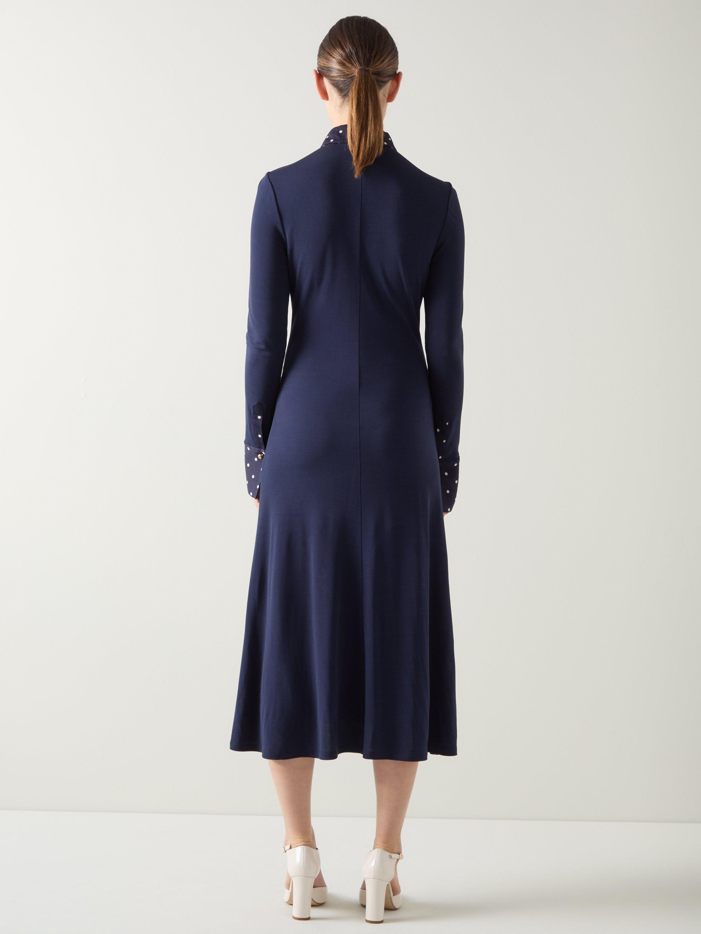 Product image 3 of 5, which shows L.K.Bennett Rita Polka Dot Trim Dress, Navy/Ivory, 6
