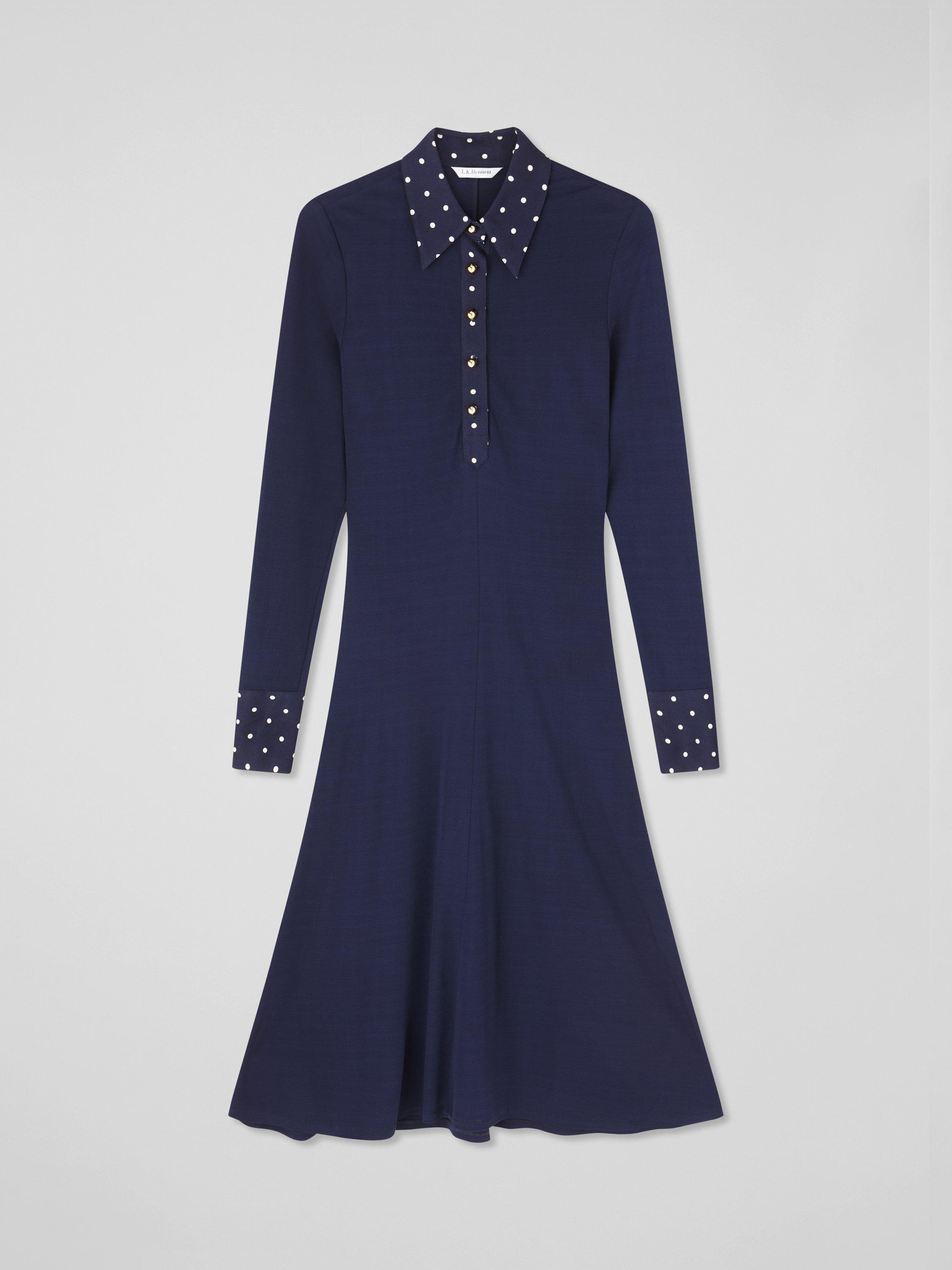Product image 4 of 5, which shows L.K.Bennett Rita Polka Dot Trim Dress, Navy/Ivory, 6