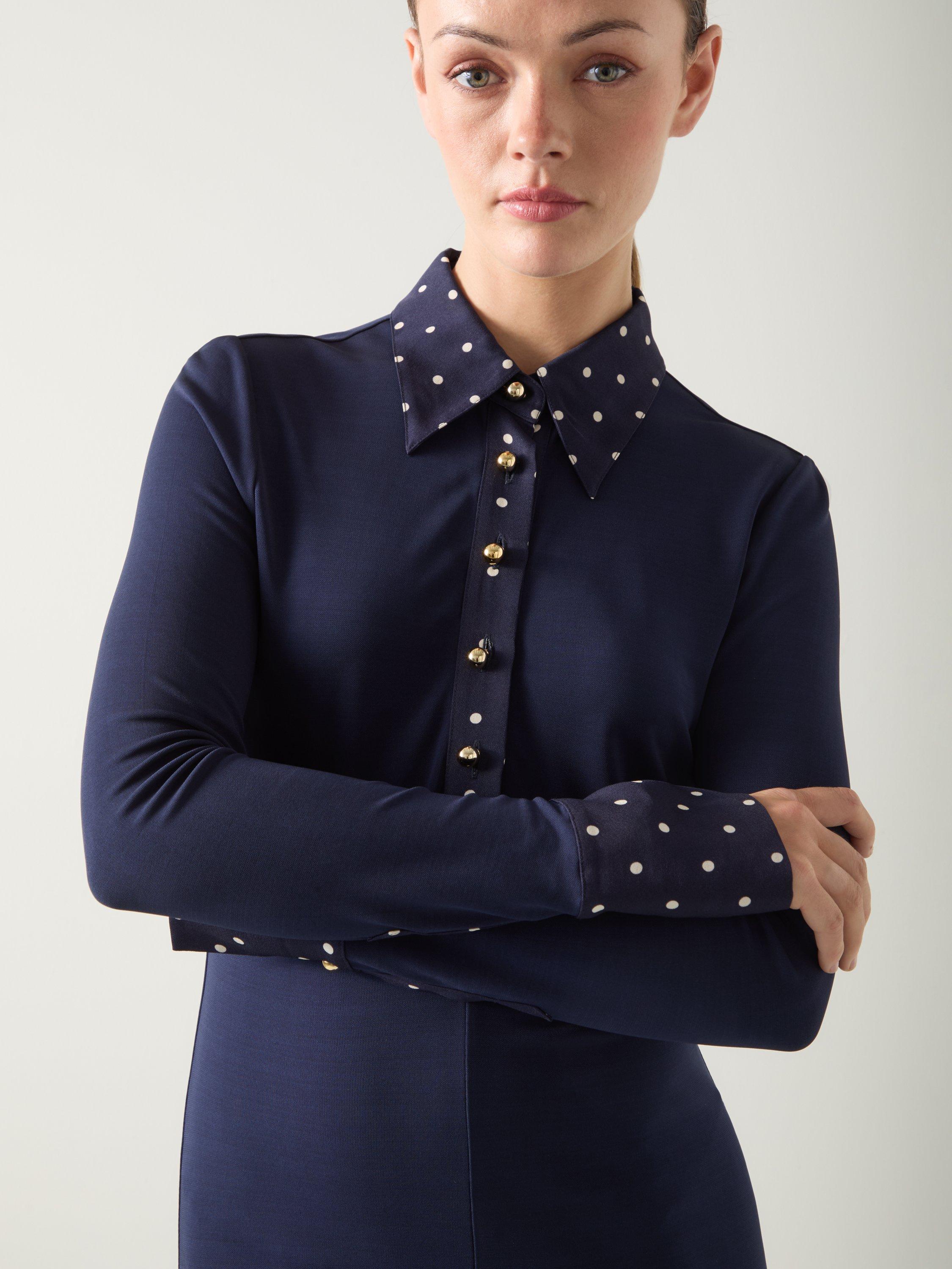 Product image 5 of 5, which shows L.K.Bennett Rita Polka Dot Trim Dress, Navy/Ivory, 6