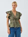 AND/OR Embroidered Tie Front Top, Khaki