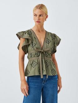 AND/OR Embroidered Tie Front Top, Khaki, Khaki