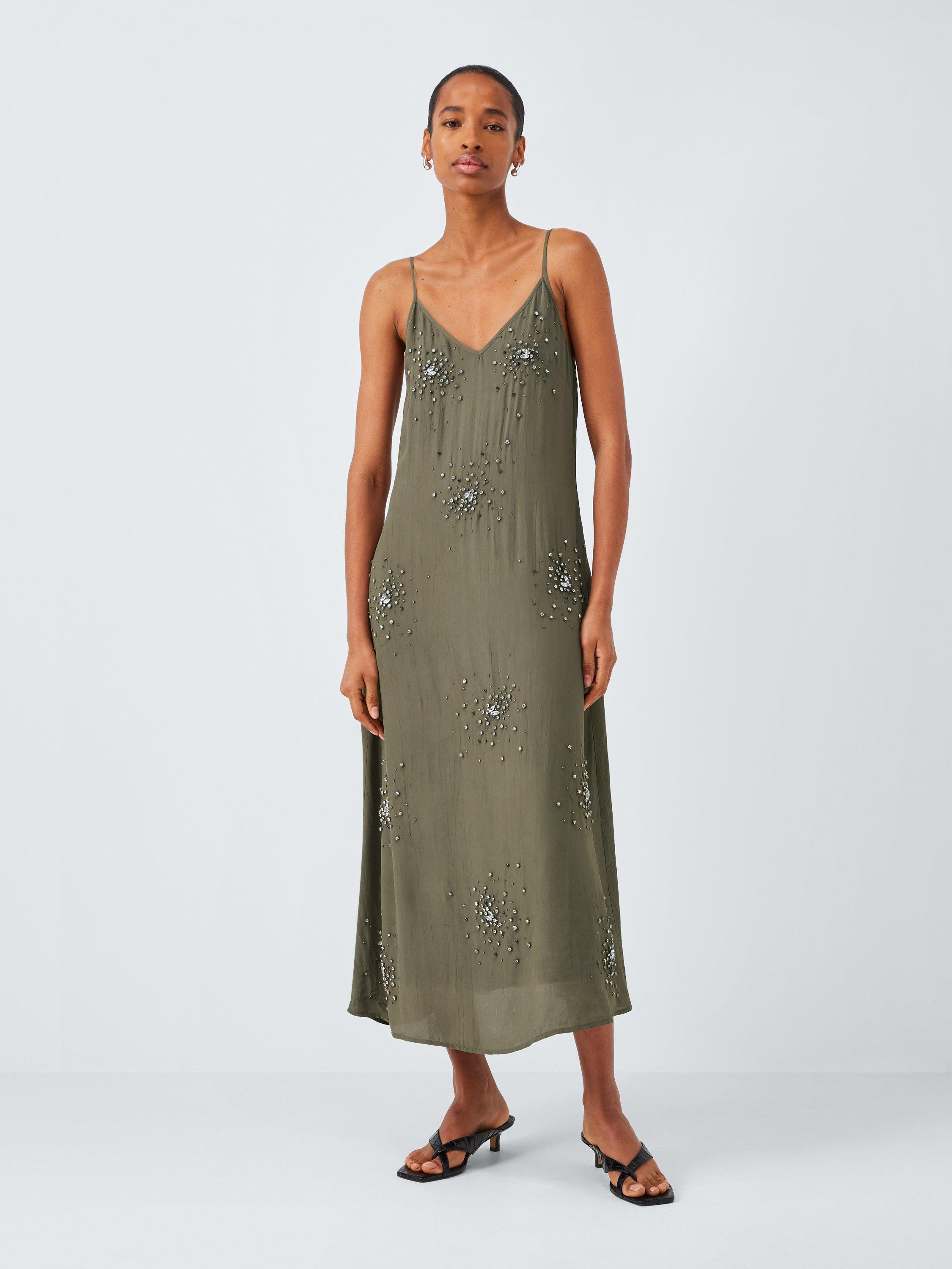 Product image 1 of 6, which shows AND/OR Ember Embellished Slip Dress, Khaki, 6