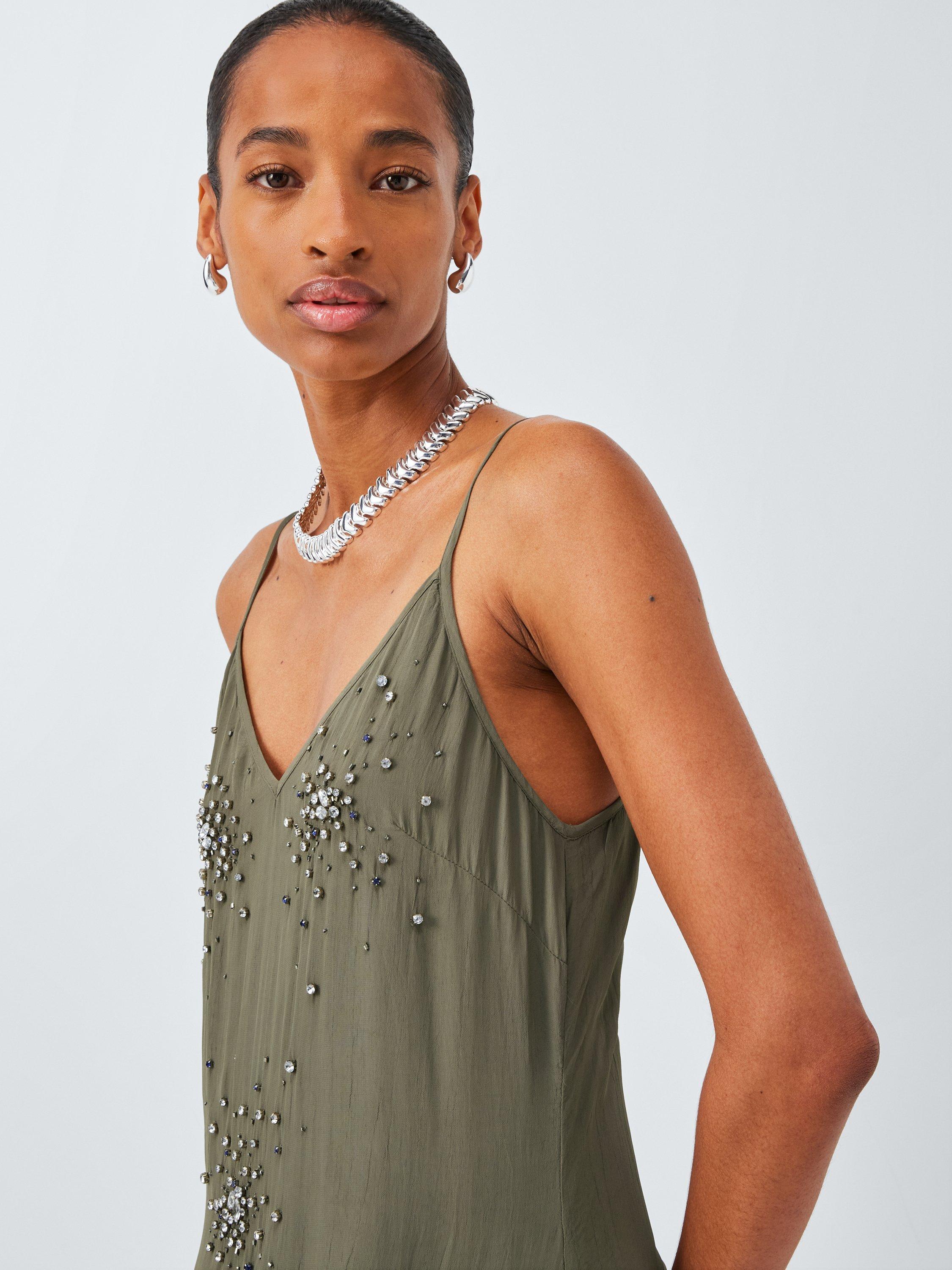 Product image 5 of 6, which shows AND/OR Ember Embellished Slip Dress, Khaki, 6