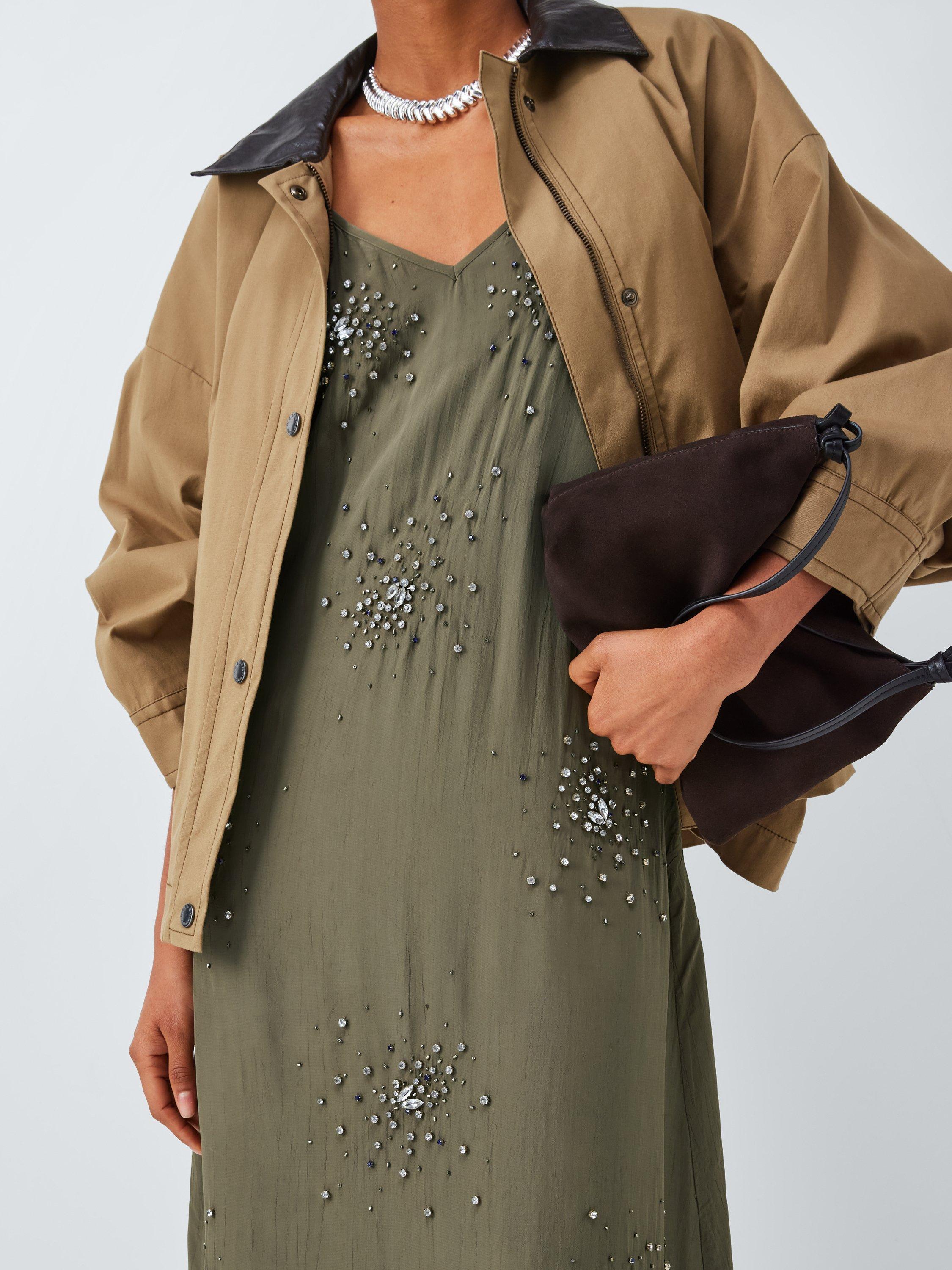 Product image 6 of 6, which shows AND/OR Ember Embellished Slip Dress, Khaki, 6