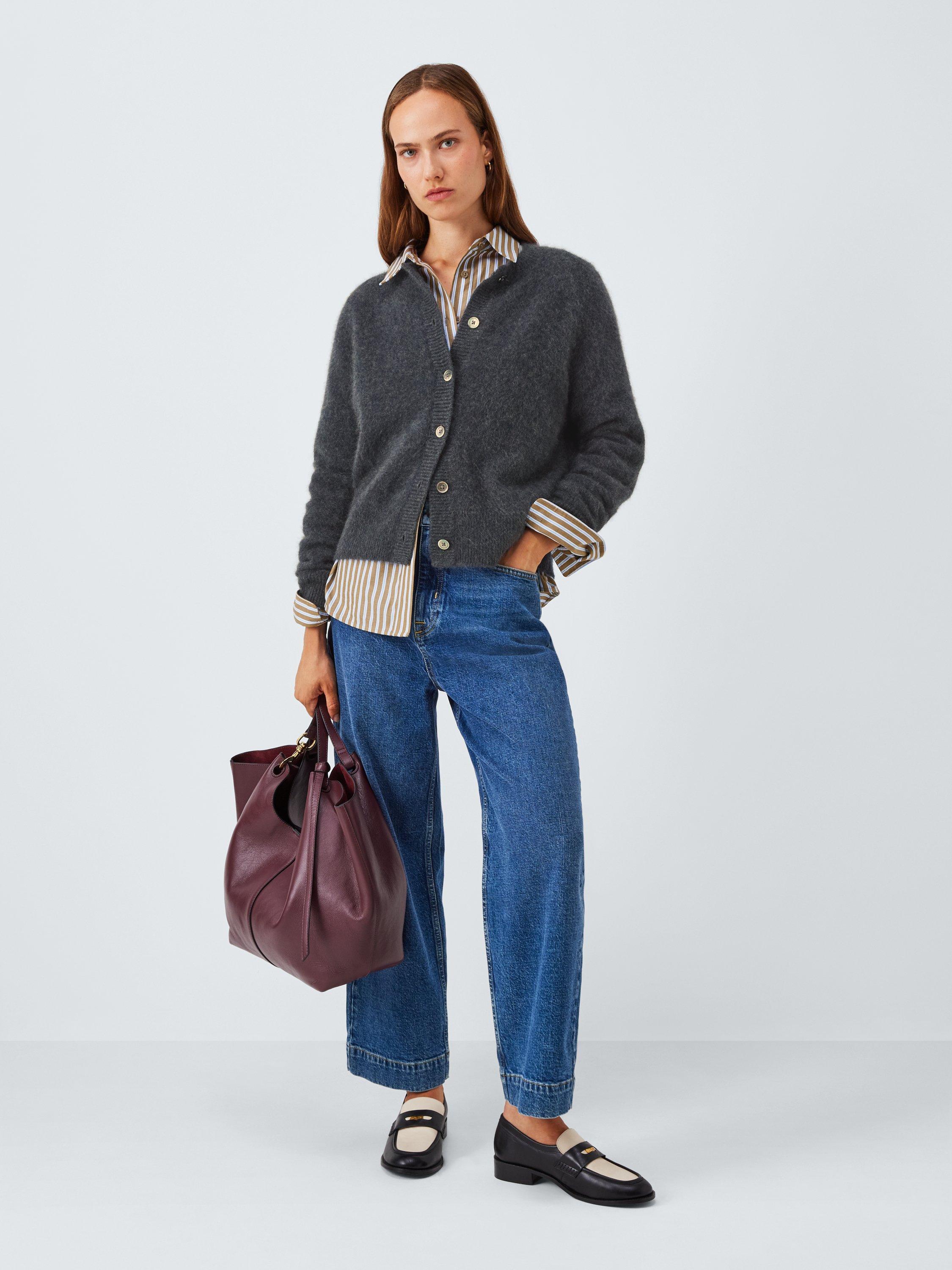 Product image 4 of 7, which shows John Lewis Brushed Cashmere Crew Neck Cardigan, Charcoal, 8
