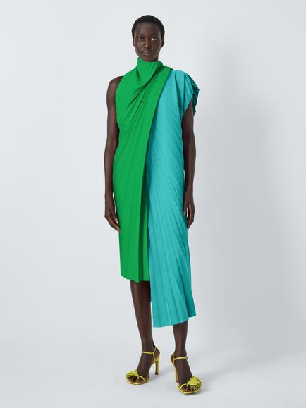 John Lewis x A.W.A.K.E. MODE Colour Block Pleated Midi Dress, Green/Turquoise, Green/Turquoise