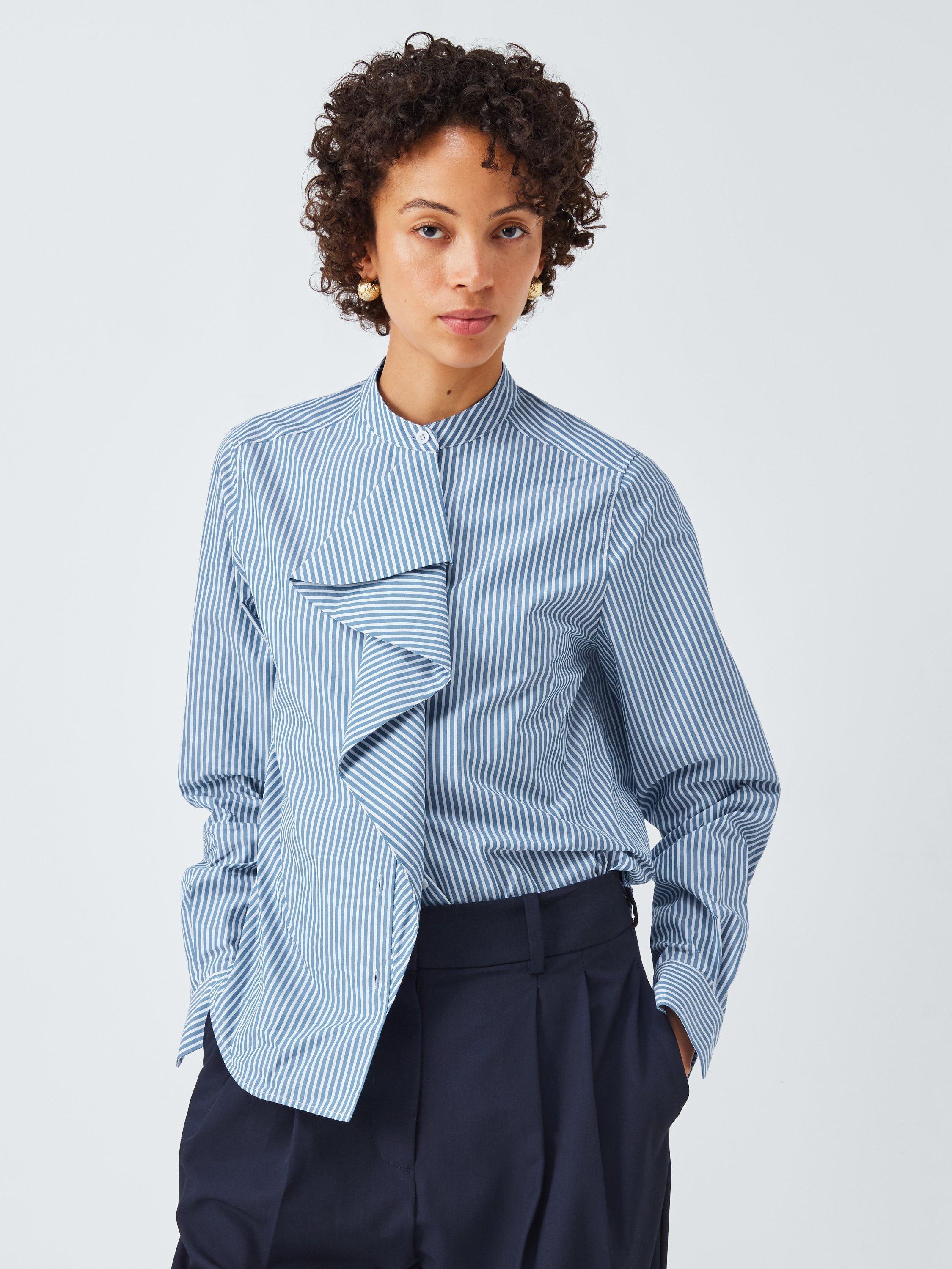 Product image 1 of 6, which shows John Lewis Frill Front Striped Cotton Collarless Shirt, Blue Stripe, 8