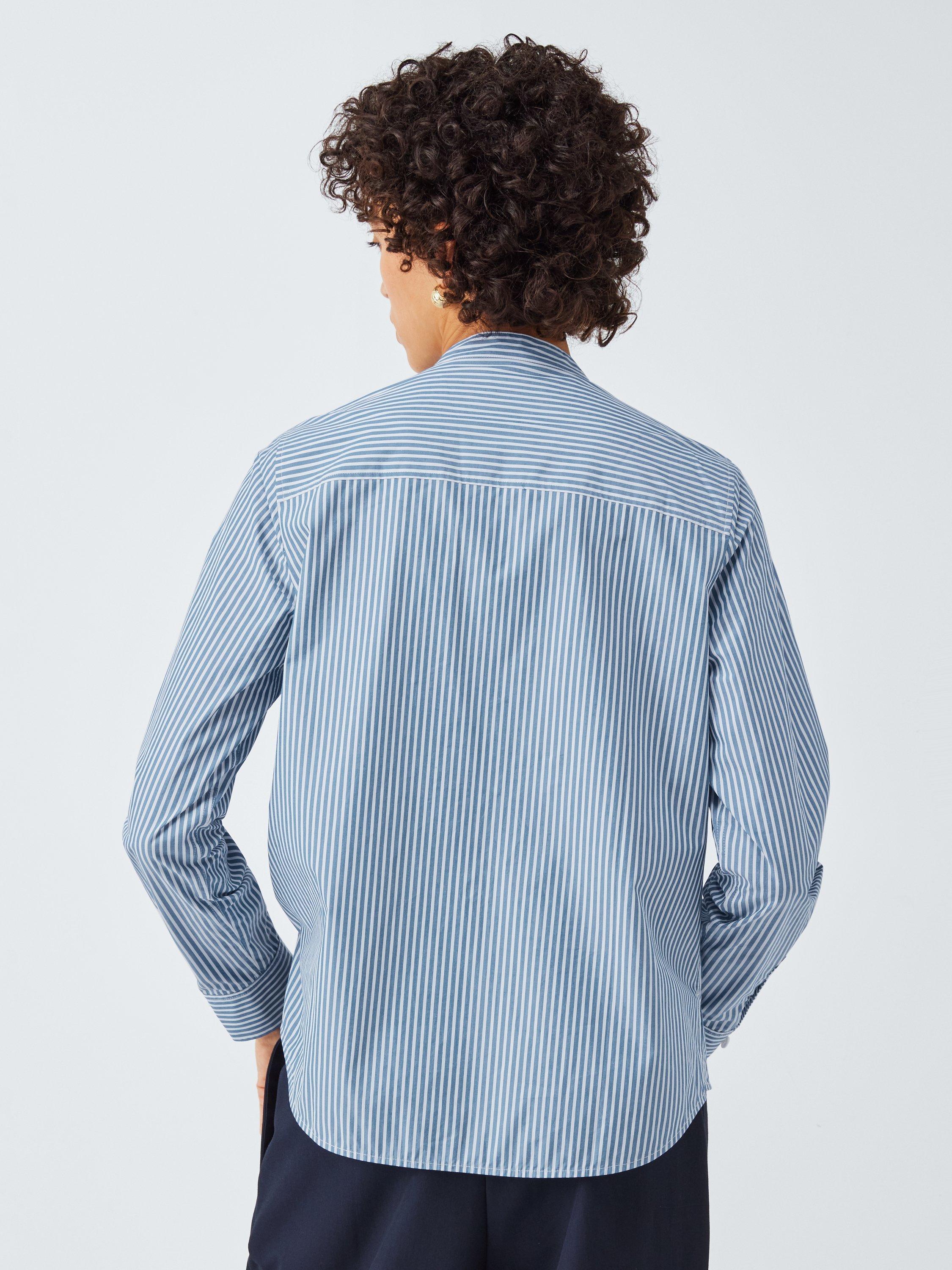 Product image 2 of 6, which shows John Lewis Frill Front Striped Cotton Collarless Shirt, Blue Stripe, 8