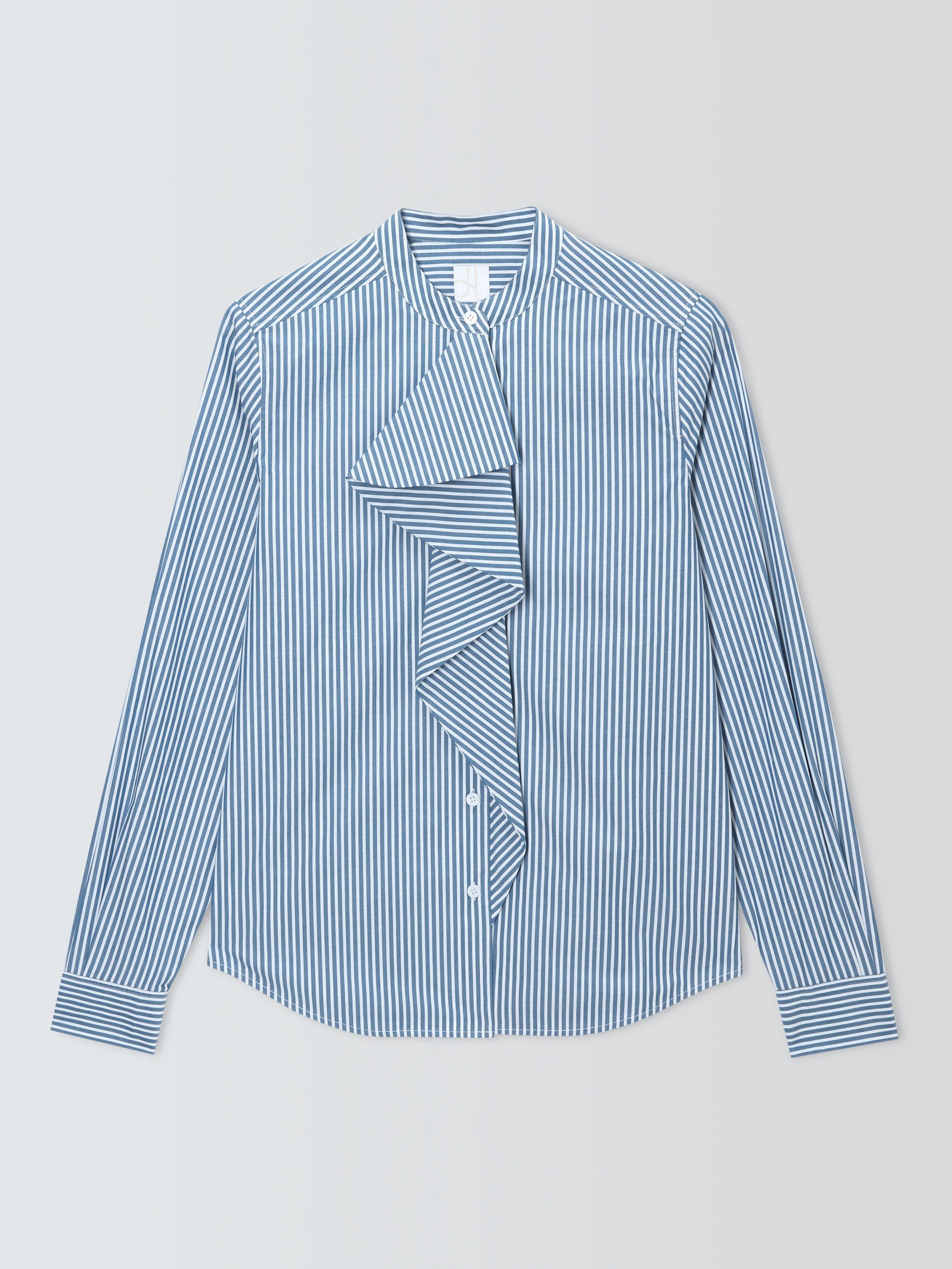 Product image 4 of 6, which shows John Lewis Frill Front Striped Cotton Collarless Shirt, Blue Stripe, 8