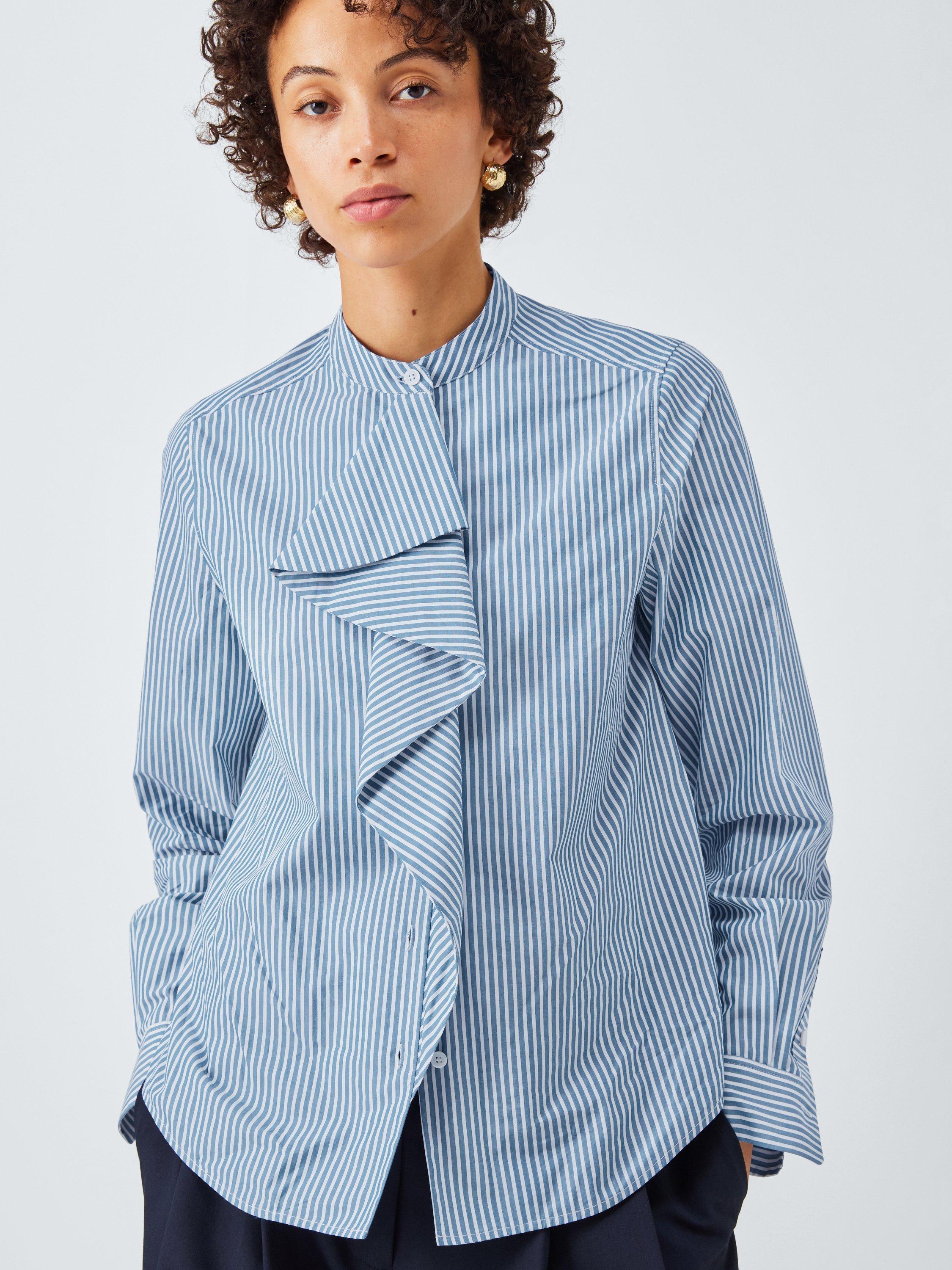Product image 5 of 6, which shows John Lewis Frill Front Striped Cotton Collarless Shirt, Blue Stripe, 8