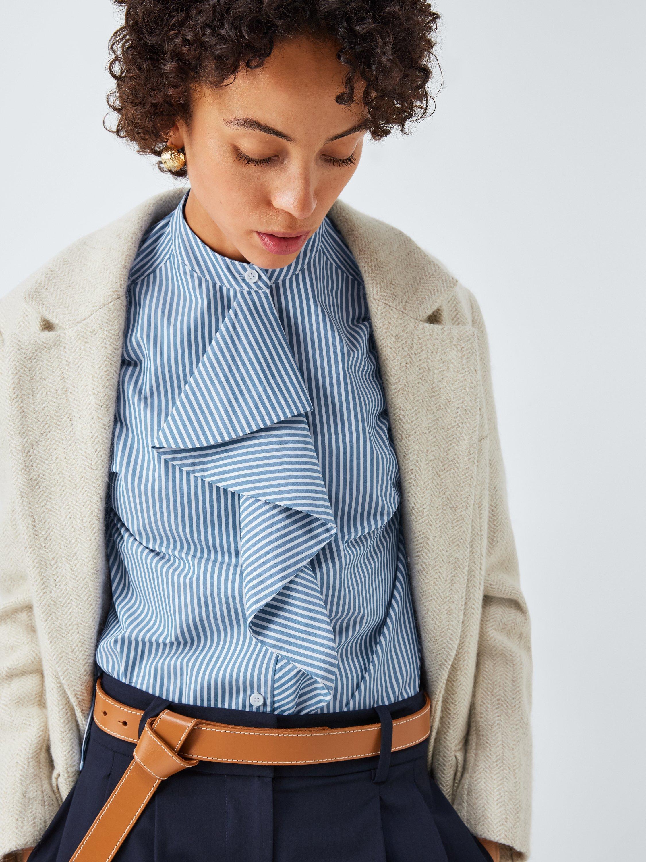 Product image 6 of 6, which shows John Lewis Frill Front Striped Cotton Collarless Shirt, Blue Stripe, 8
