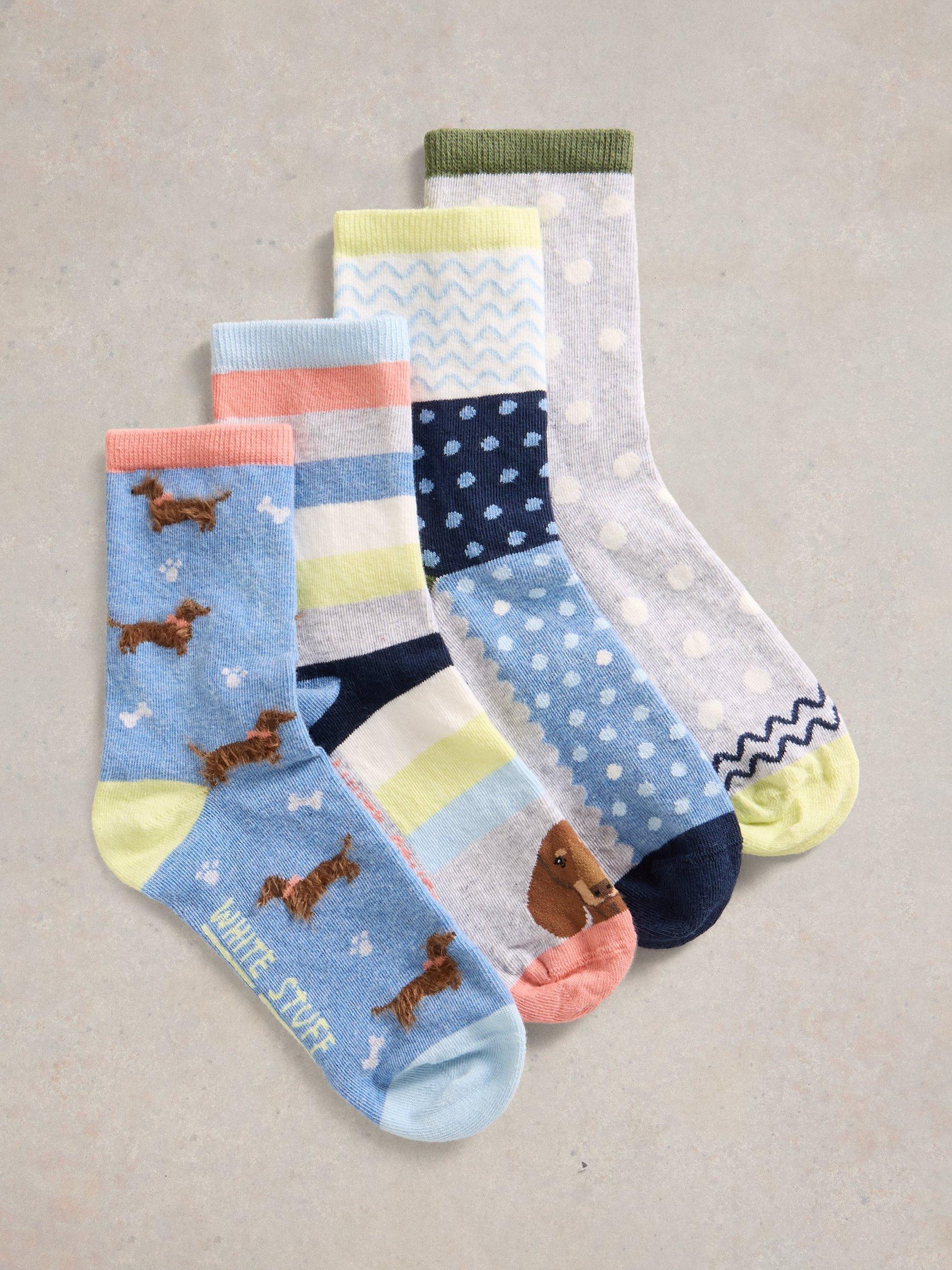 Product image 1 of 4, which shows White Stuff Dog Ankle Socks, Pack of 4, Blue/Multi, 3-5.5