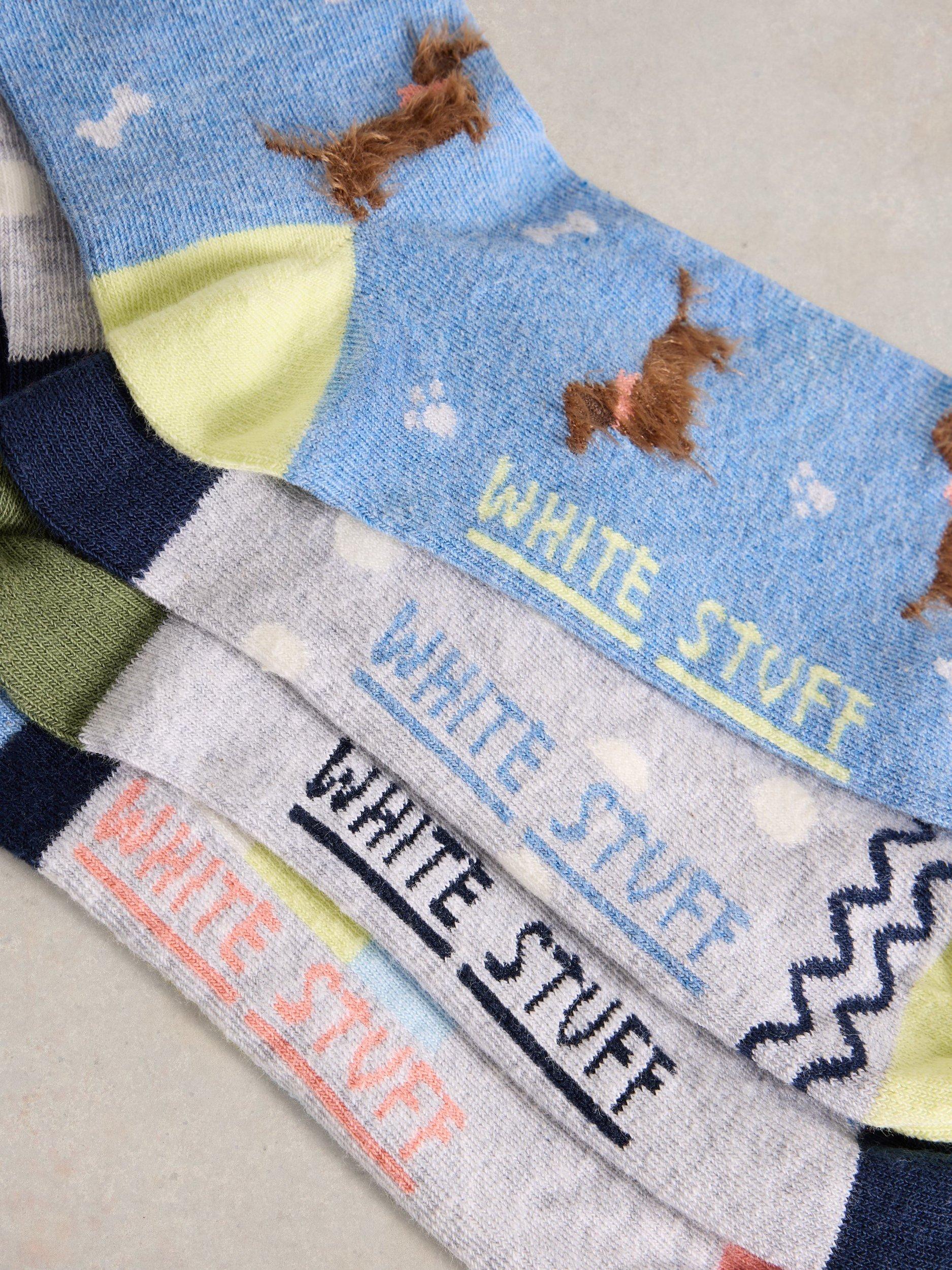 Product image 3 of 4, which shows White Stuff Dog Ankle Socks, Pack of 4, Blue/Multi, 3-5.5