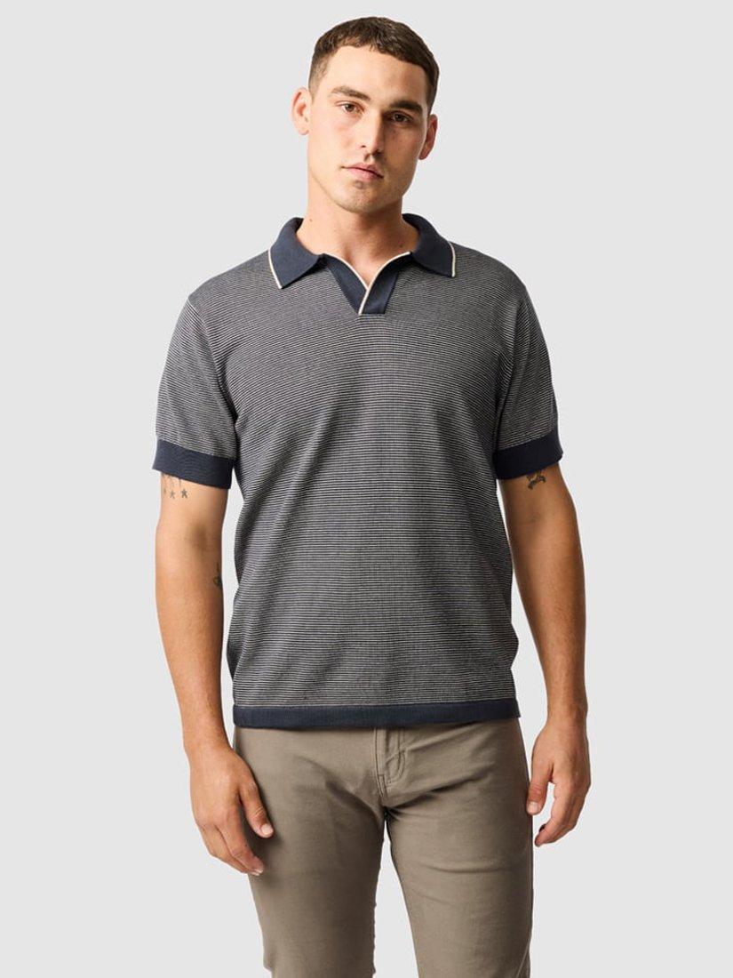 Product image 1 of 6, which shows Rodd & Gunn Leefield V Neck Knitted Cotton Short Sleeve Polo Shirt, Midnight, M