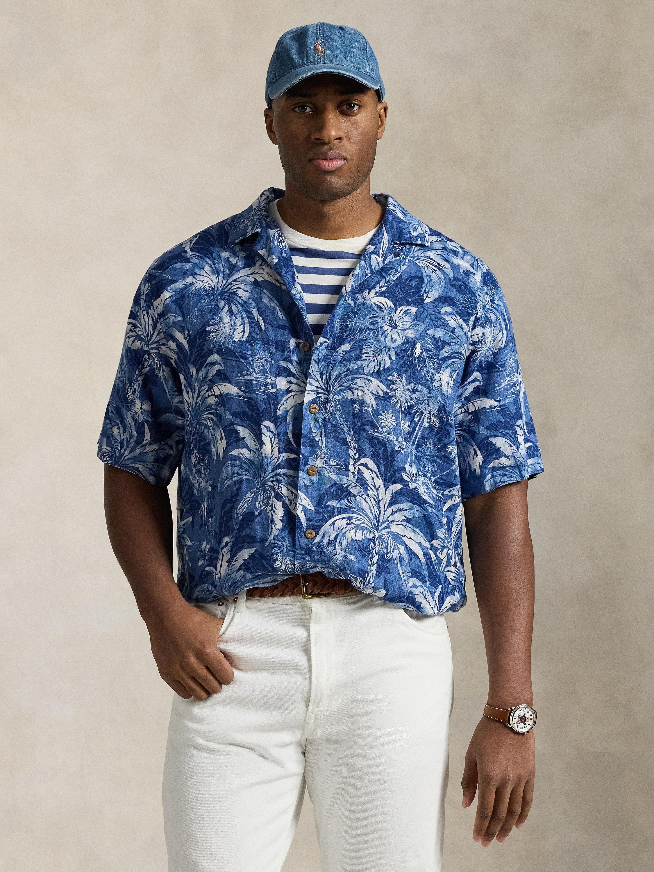 Product image 1 of 5, which shows Ralph Lauren Big & Tall Tropical Print Linen Shirt, Palm Shadow, 2XB