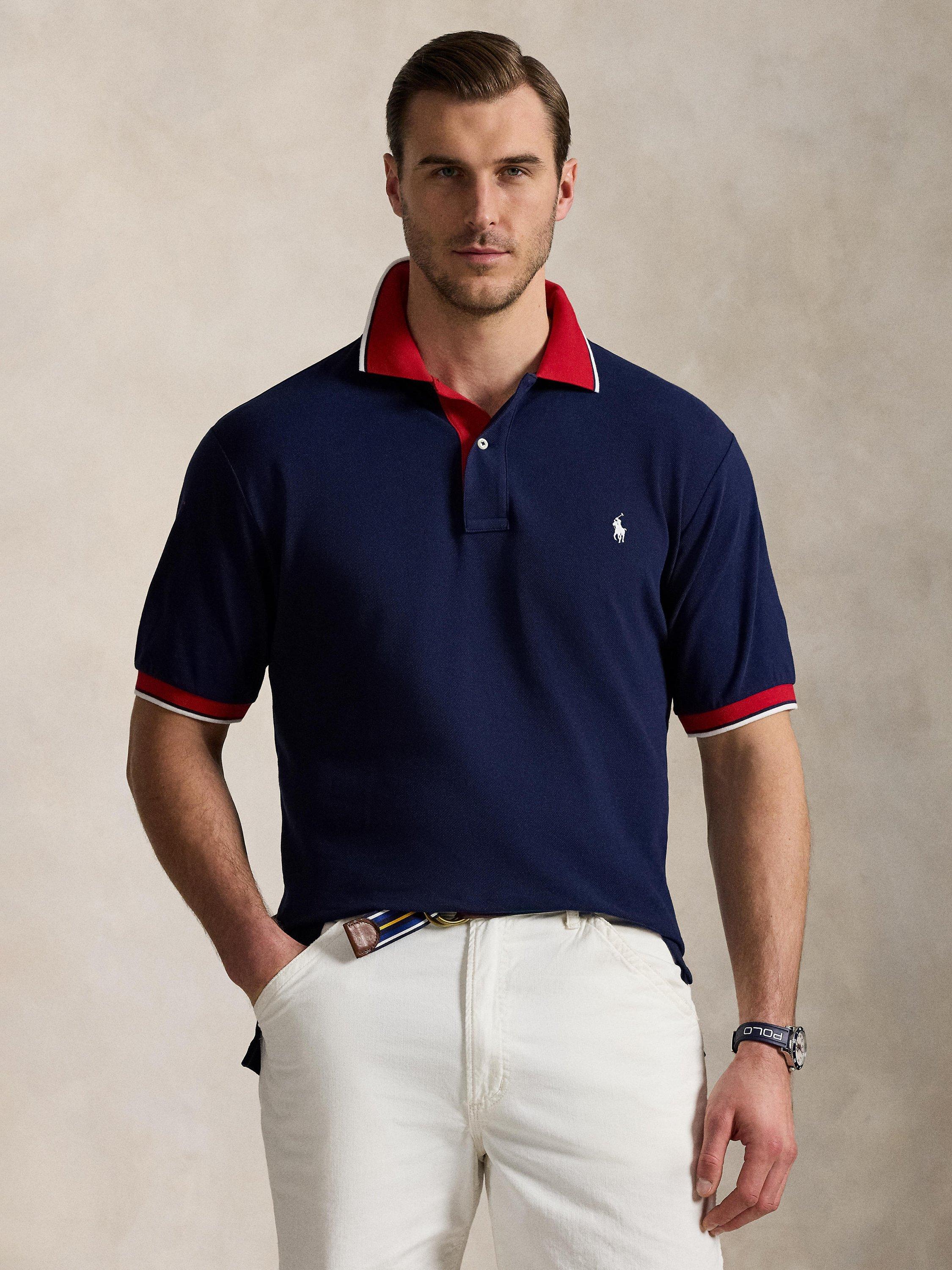 Product image 1 of 4, which shows Ralph Lauren Big & Tall Cotton Mesh Polo Shirt, Newport Navy/Red, 3LT