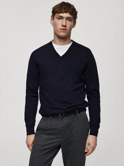 Mango Willy Wool V-Neck Jumper, Navy