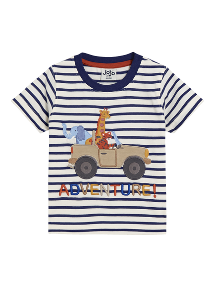 JoJo Maman Bébé Kids' Safari Animals Stripe T-Shirt, Ecru/Navy, Ecru/Navy
