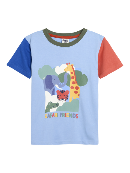 JoJo Maman Bébé Kids' Cotton Safari Scene Colour Block T-Shirt, Blue, Blue