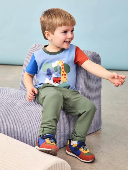 JoJo Maman Bébé Kids' Cotton Safari Scene Colour Block T-Shirt, Blue - view 2, Blue
