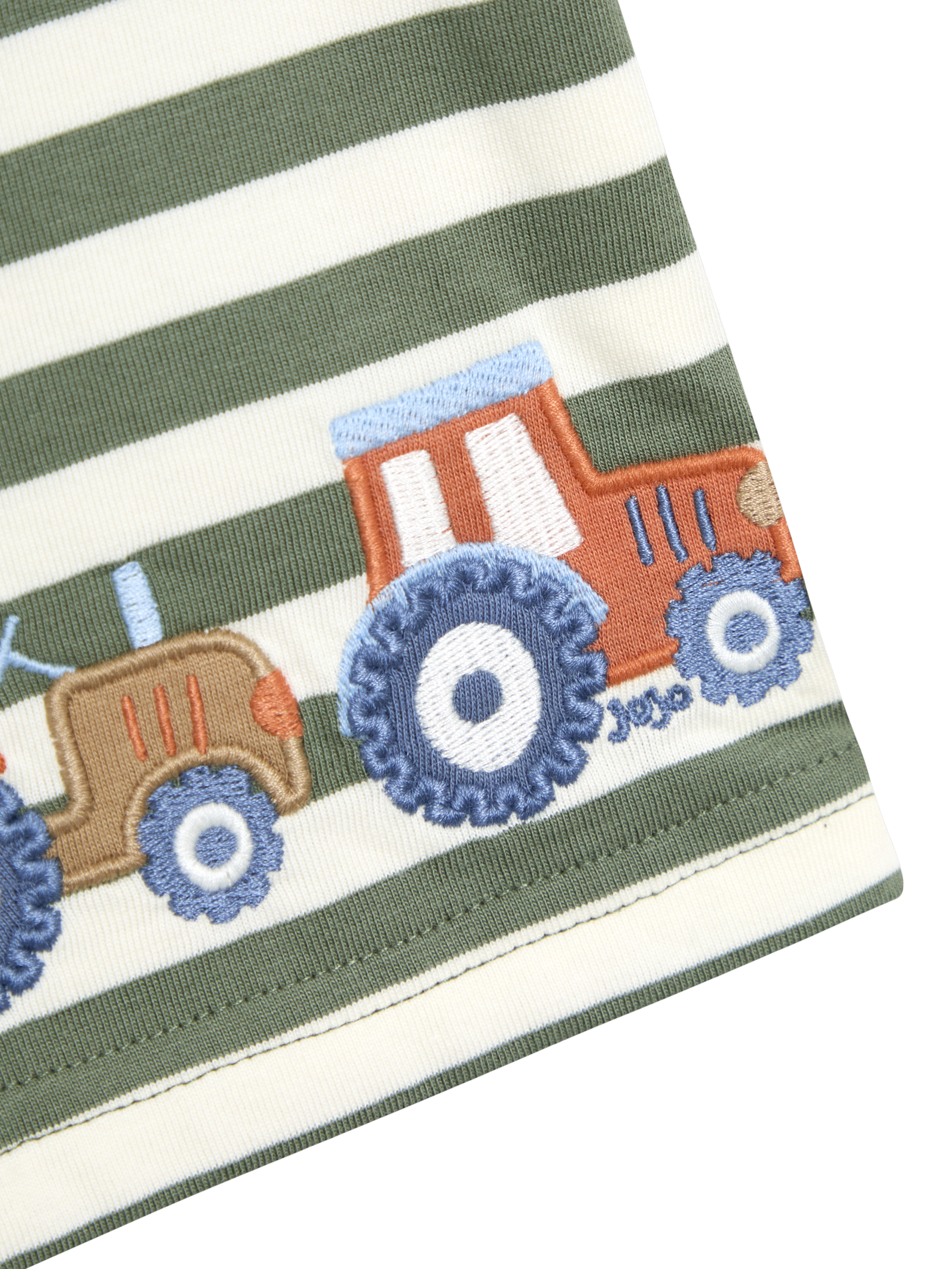 Product image 3 of 3, which shows JoJo Maman Bébé Kids' Cotton Stripe Tractor Applique T-Shirt, Khaki, 6-12 months