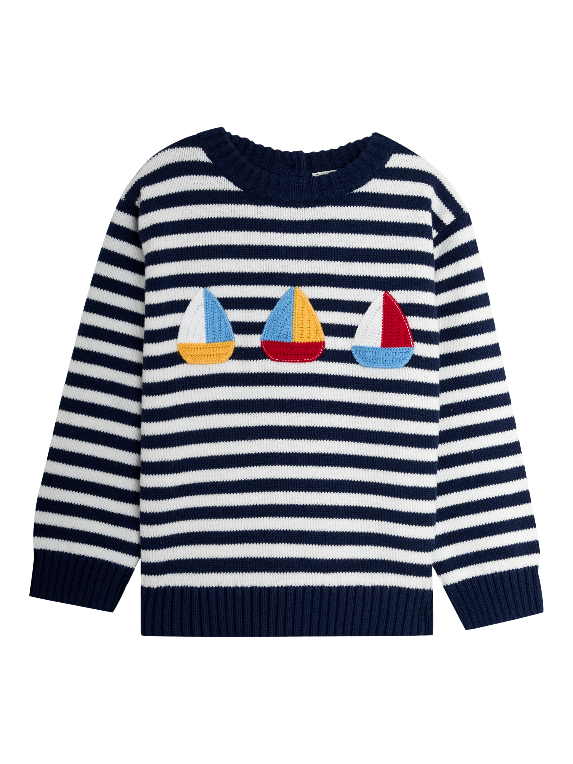 JoJo Maman Bébé Kids' Cotton Stripe Crochet Sailboat Jumper, Ecru/Navy