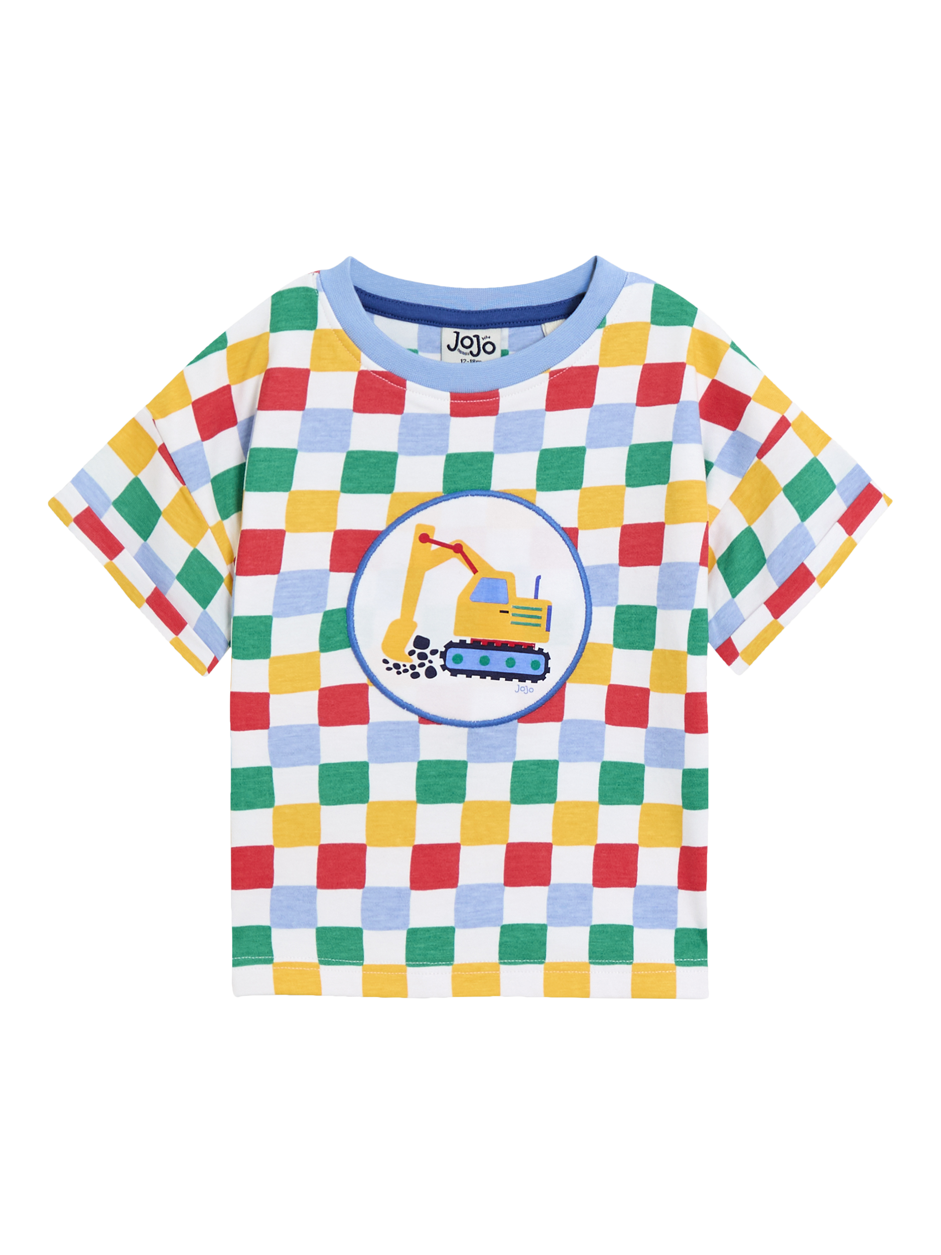 Product image 1 of 3, which shows JoJo Maman Bébé Kids' Cotton Check Construction Applique T-Shirt, Bright, 6-12 months