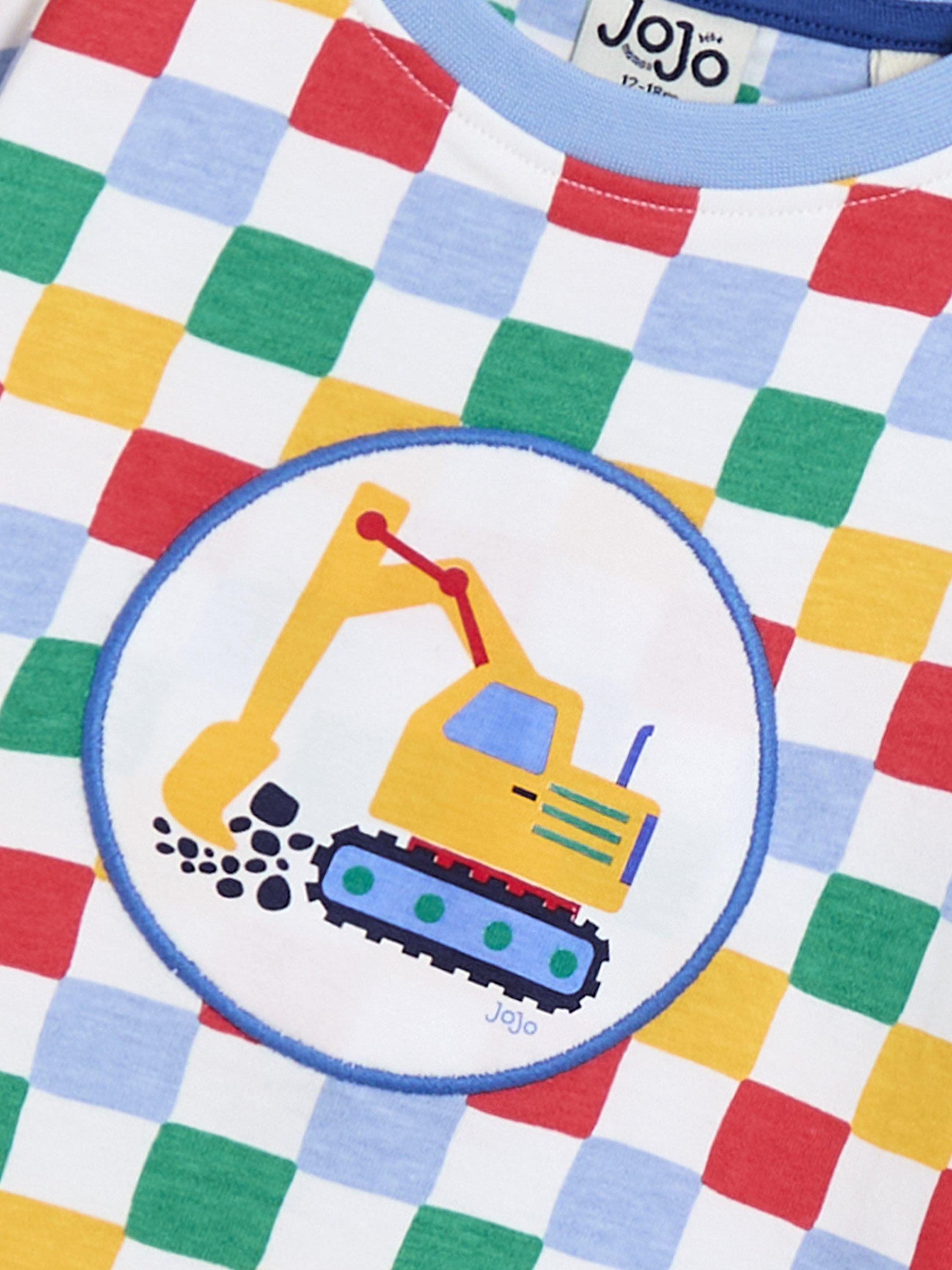 Product image 3 of 3, which shows JoJo Maman Bébé Kids' Cotton Check Construction Applique T-Shirt, Bright, 6-12 months