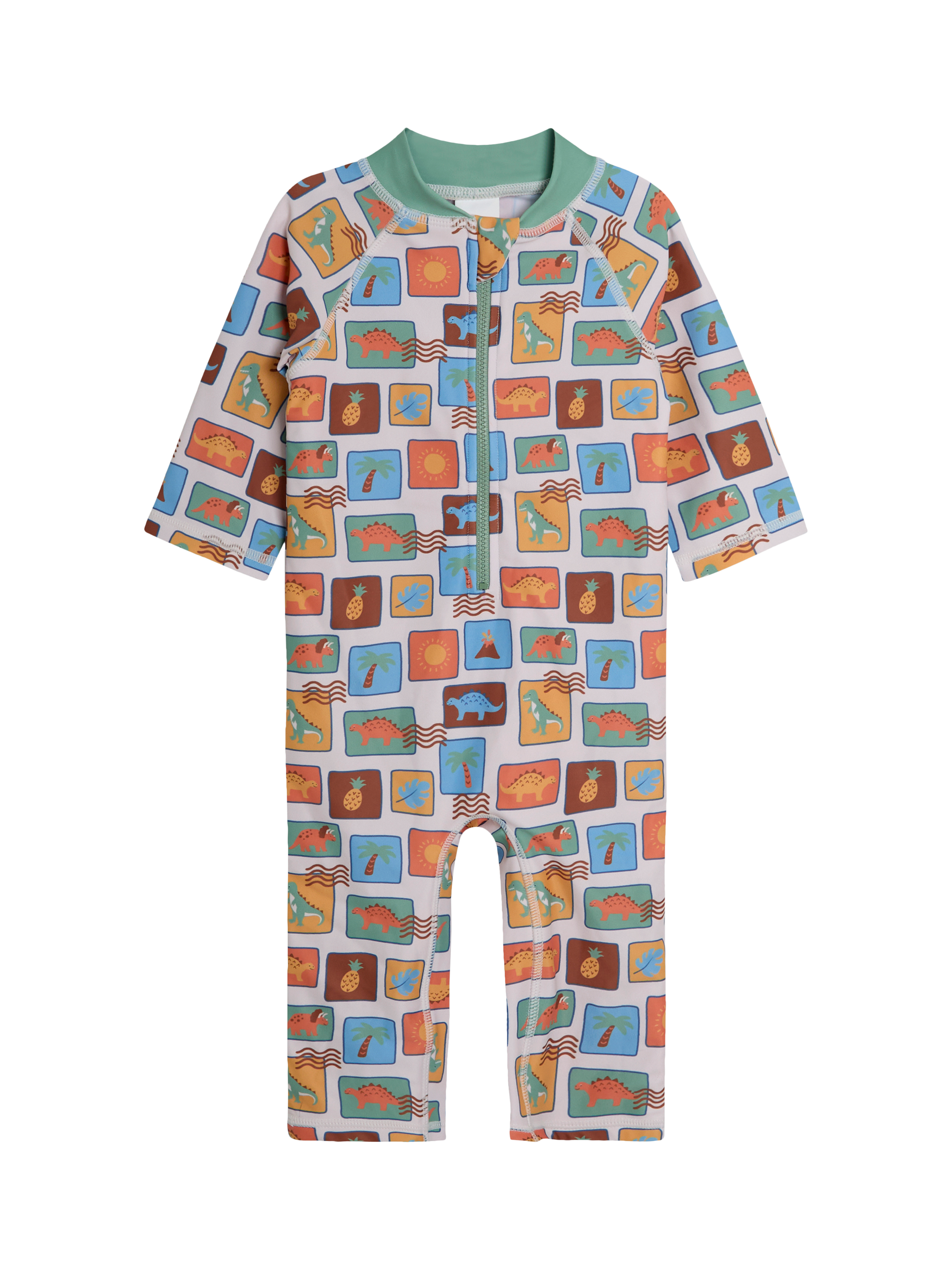 Product image 1 of 3, which shows JoJo Maman Bébé Kids' Dinosaur Sun Protection Suit, Multi, 6-12 months