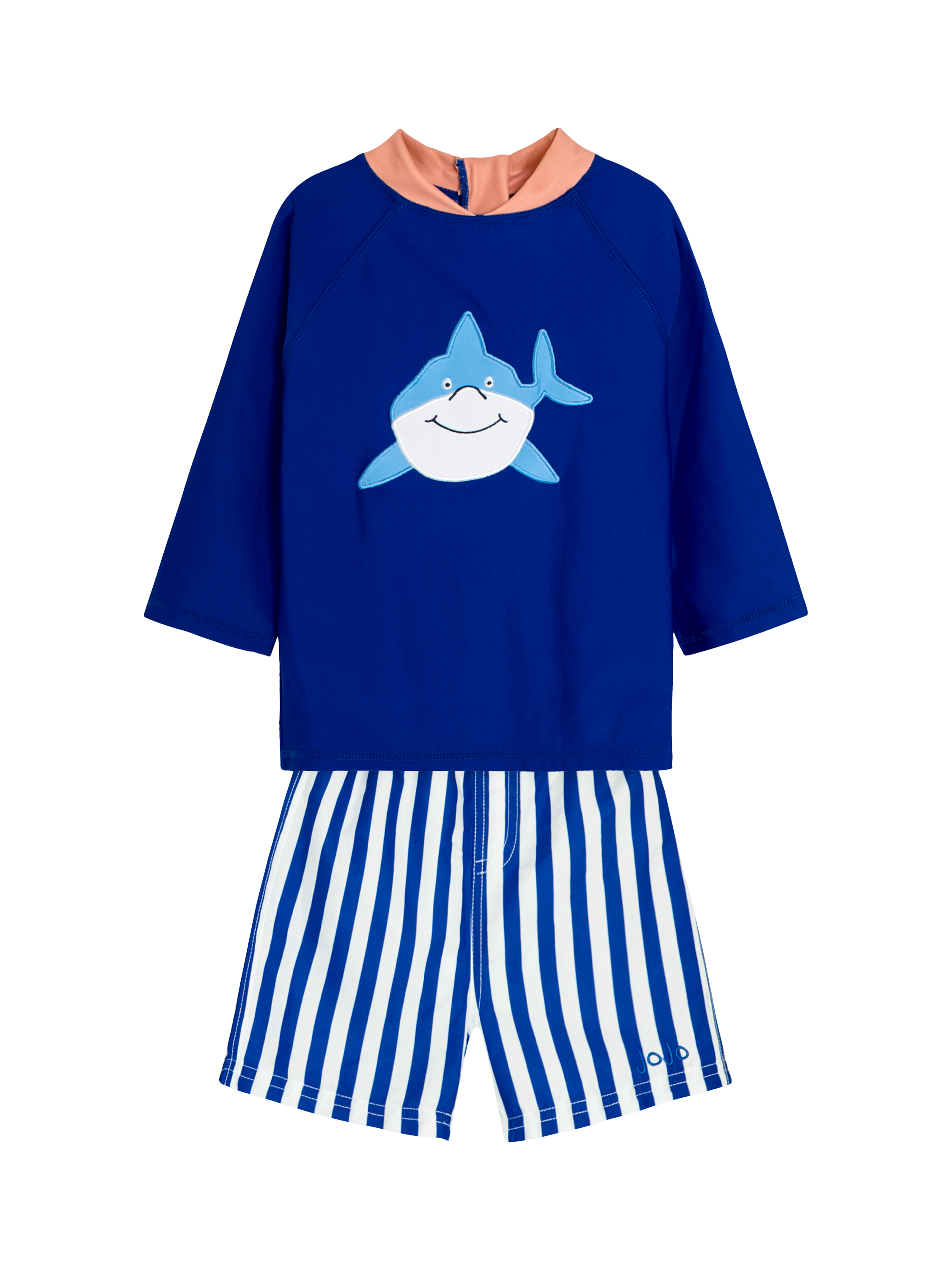 Product image 1 of 6, which shows JoJo Maman Bébé Kids' Shark 2 Piece Sun Pro Set, Blue/Multi, 6-12 months