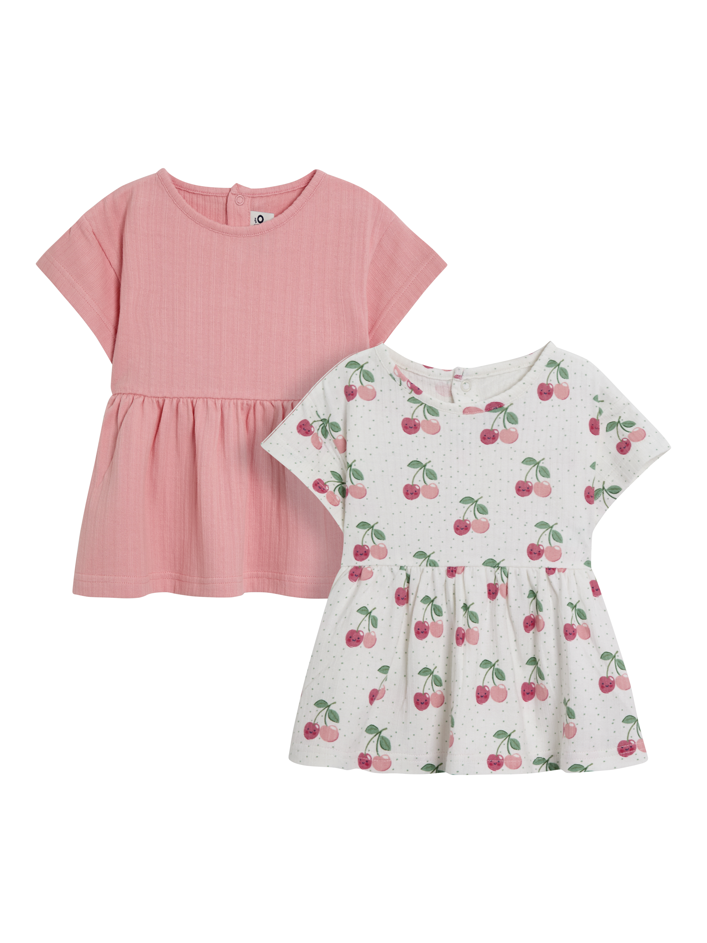 Product image 1 of 7, which shows JoJo Maman Bébé Kids' Cotton Plain & Cherry Print Tunic Tops, Pack of 2, Cream, 6-12 months