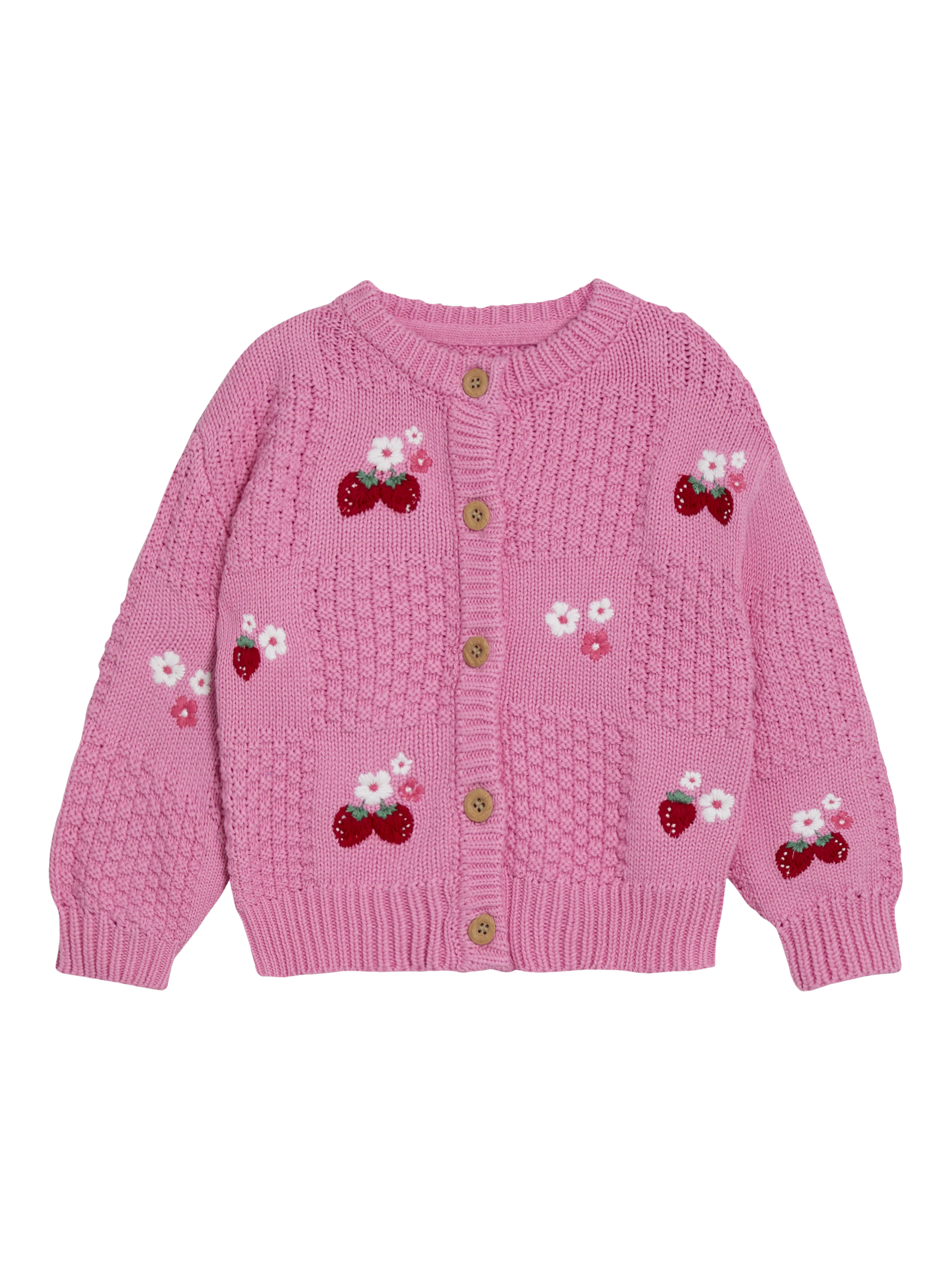 Product image 1 of 3, which shows JoJo Maman Bébé Kids' Strawberry Embroidered Cardigan, Pink, 6-12 months