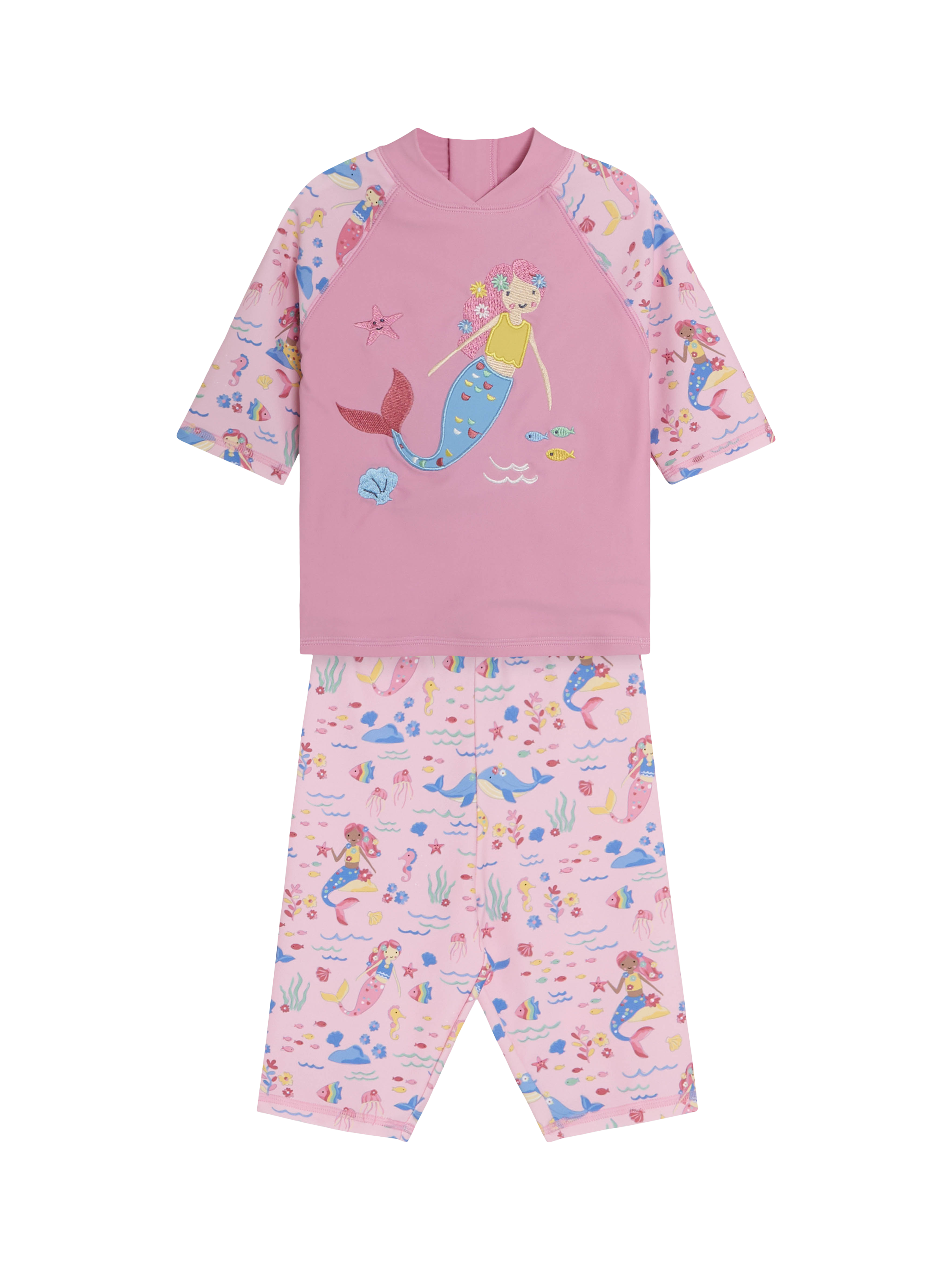 Product image 1 of 5, which shows JoJo Maman Bébé Kids' Mermaid Swim Top & Shorts Set, Seaspray, 2-3 years