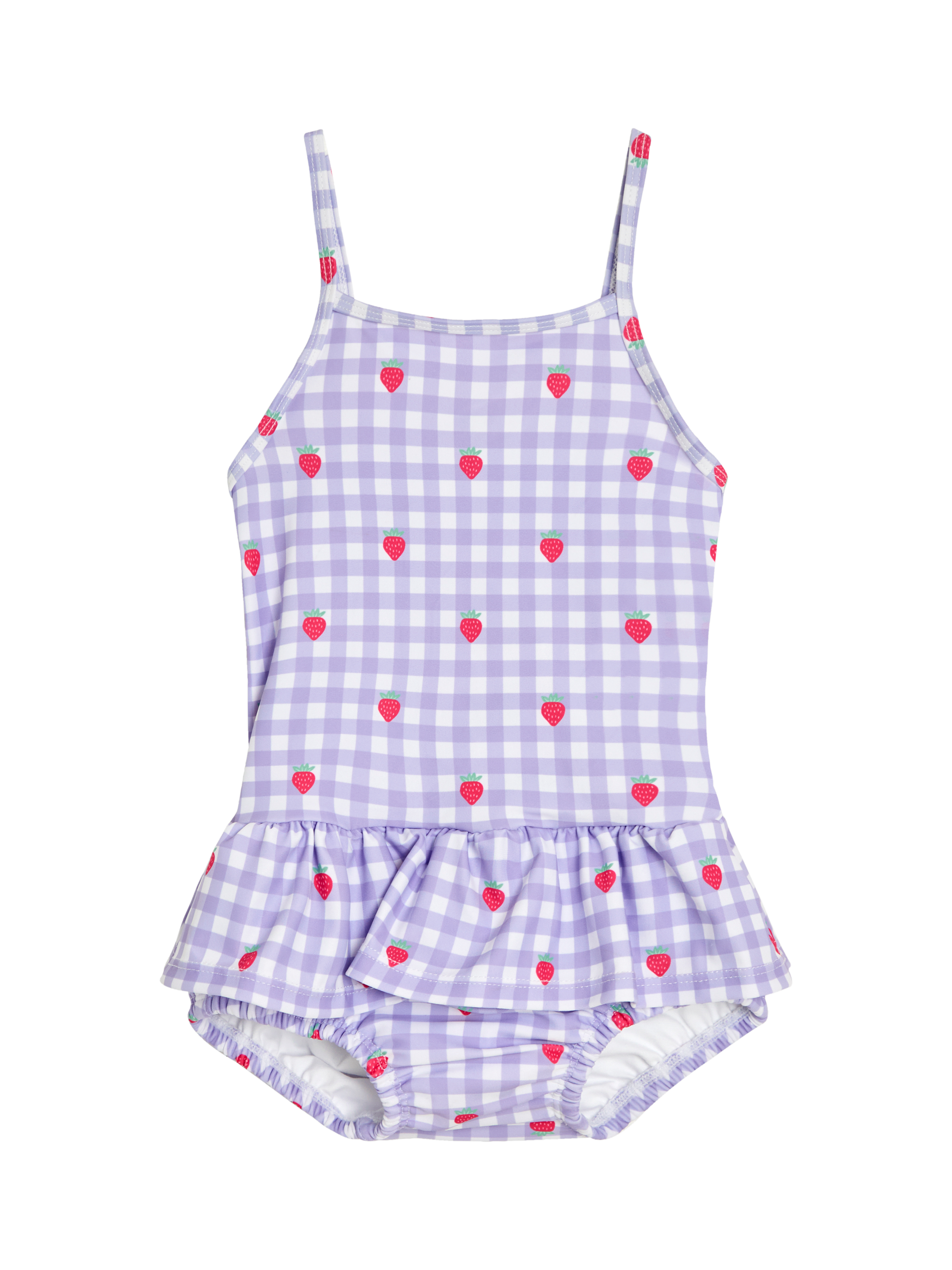 Product image 1 of 3, which shows JoJo Maman Bébé Kids' Strawberry Swimsuit, Lilac/Multi, 3-6 months