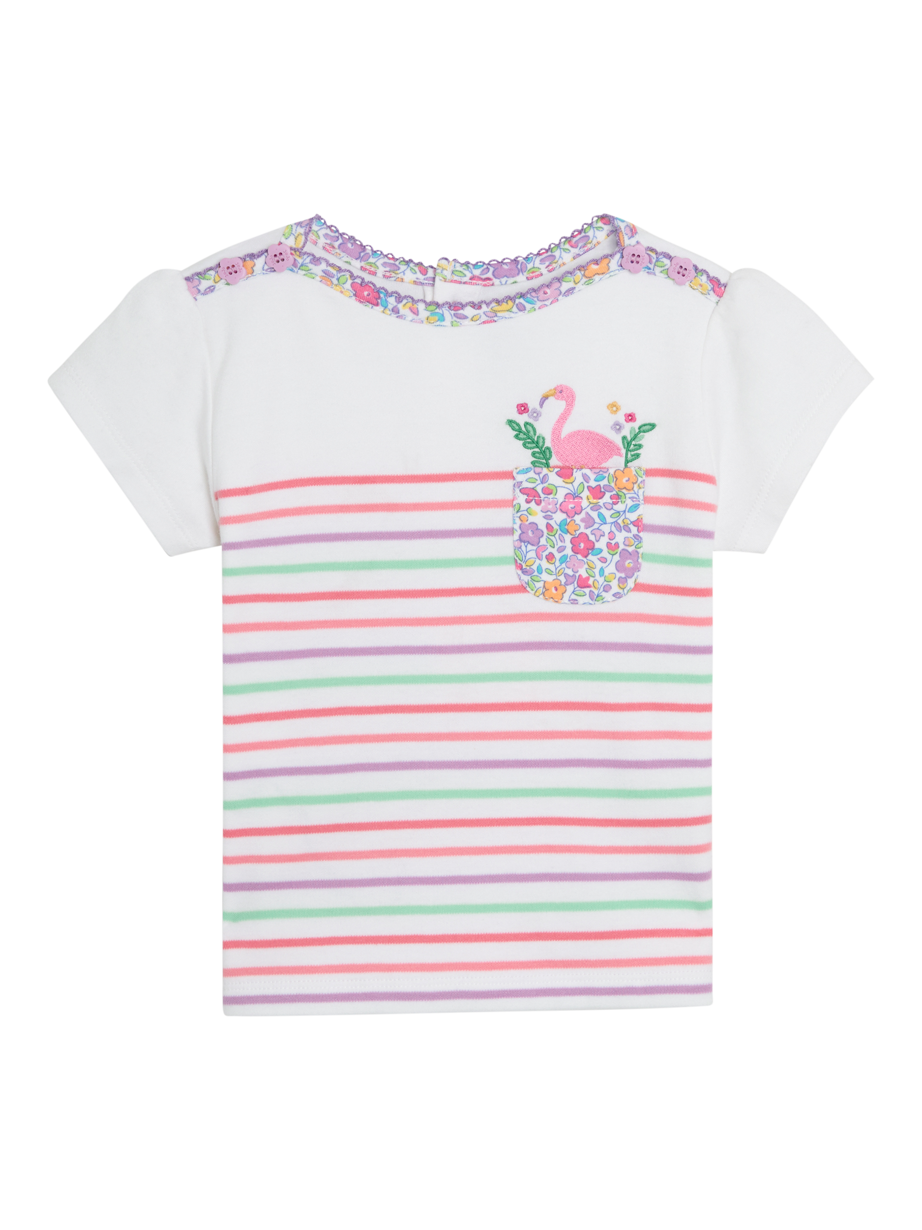 Product image 1 of 3, which shows JoJo Maman Bébé Kids' Cotton Flamingo Pocket Top, Coral/Multi, 6-12 months