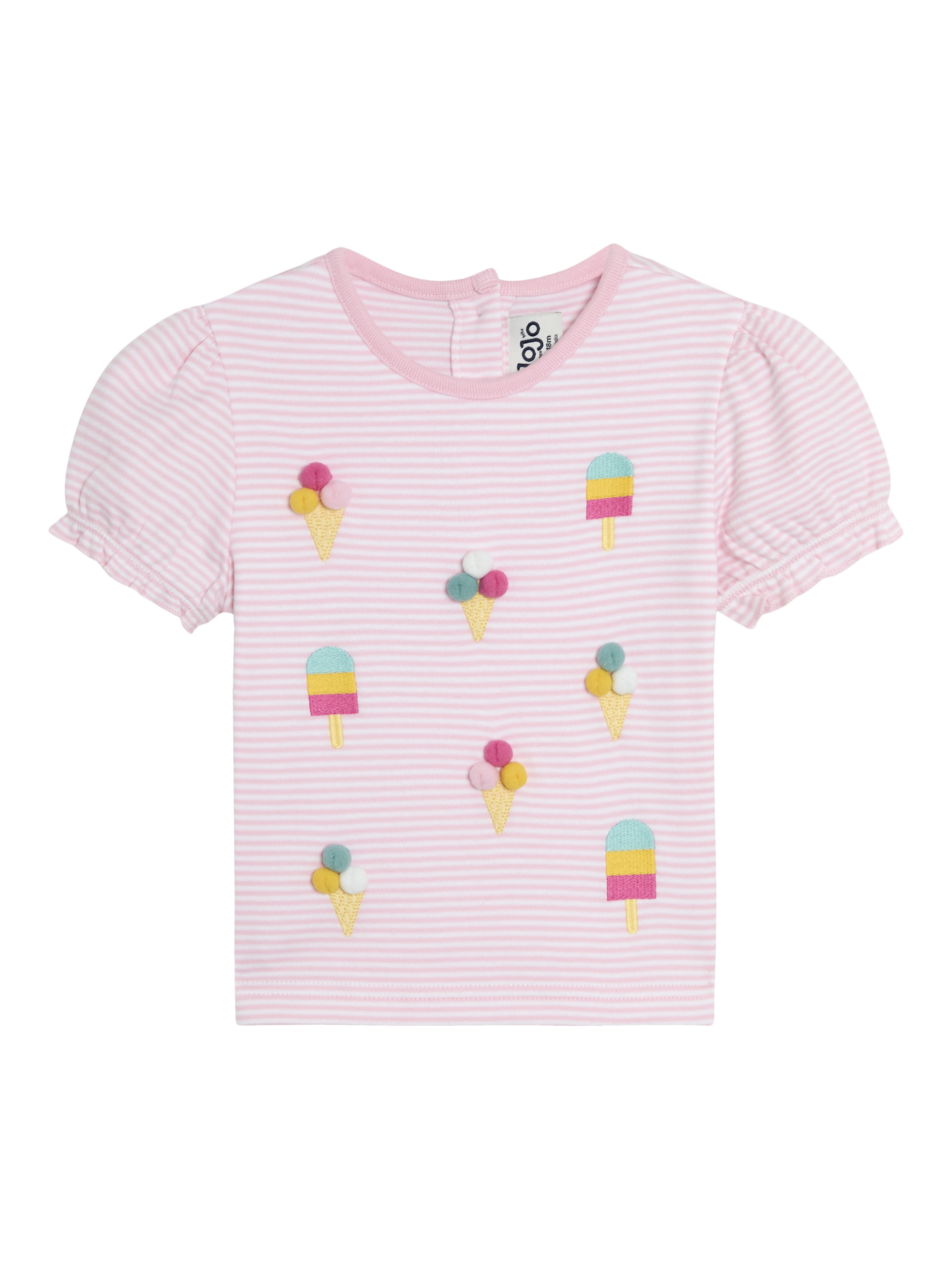 Product image 1 of 3, which shows JoJo Maman Bébé Kids' Ice Cream Embroidered T-Shirt, Pink, 6-12 months