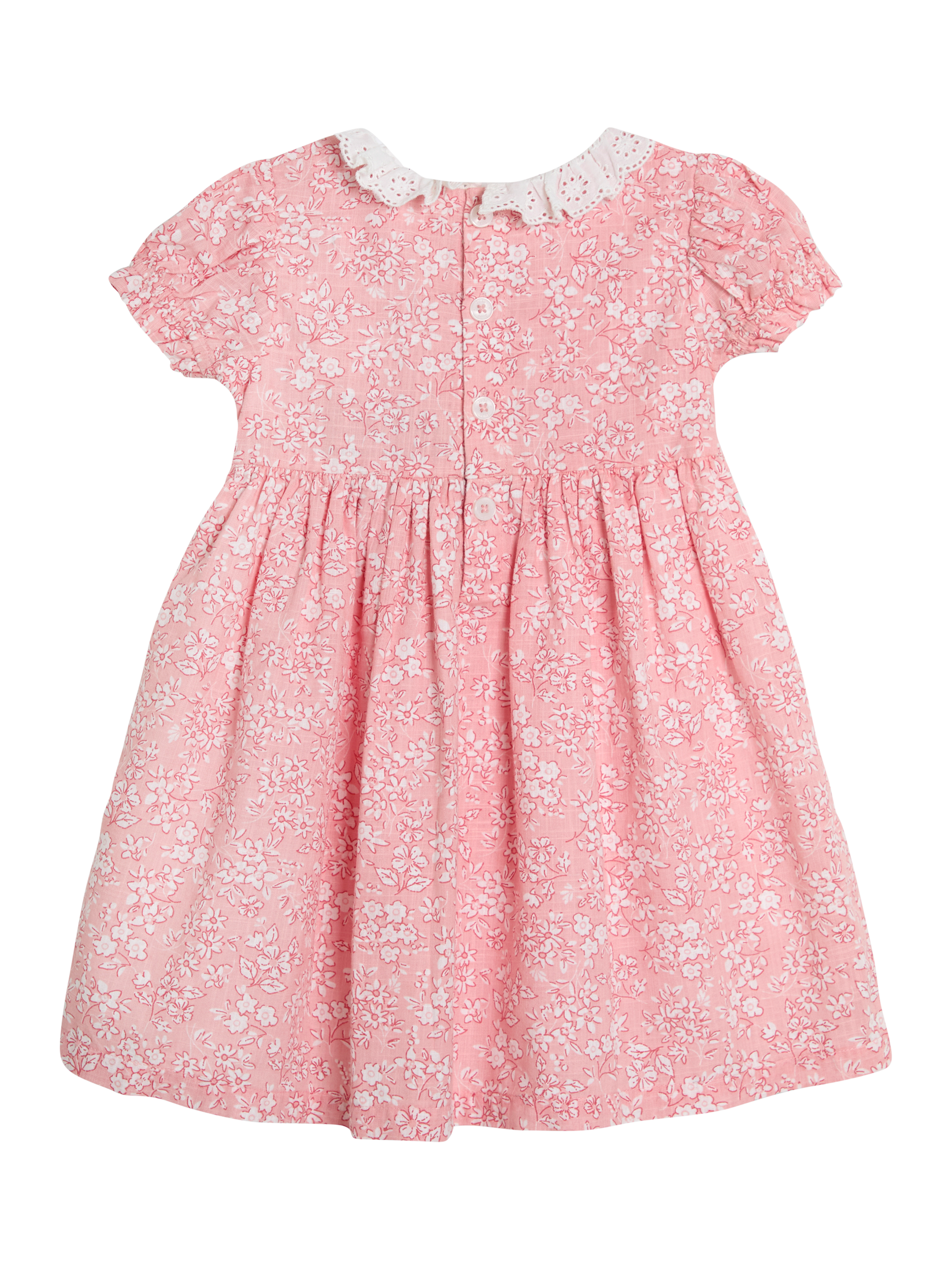 Product image 6 of 6, which shows JoJo Maman Bébé Kids' Frill Collar Floral Smocked Woven Dress & Bloomer Set, Pink, 6-12 months
