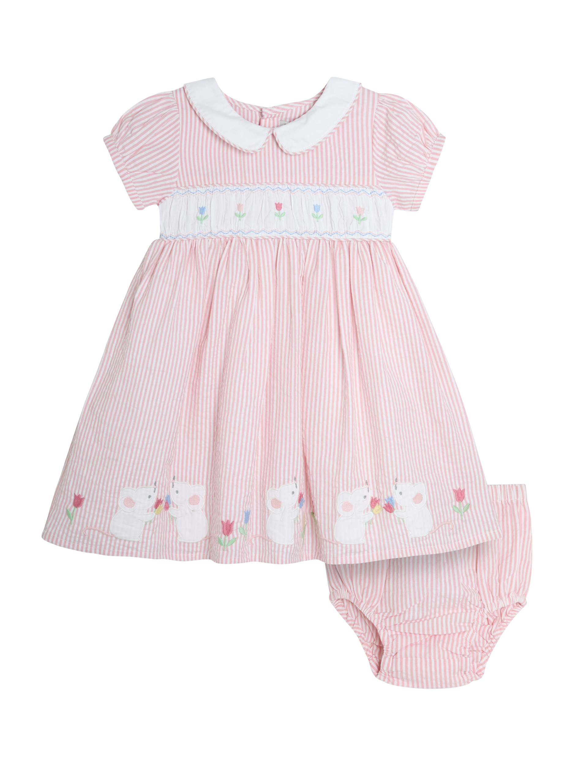 Product image 1 of 5, which shows JoJo Maman Bébé Kids' Cotton Mouse Applique Dress & Bloomers Set, Pink, 6-12 months