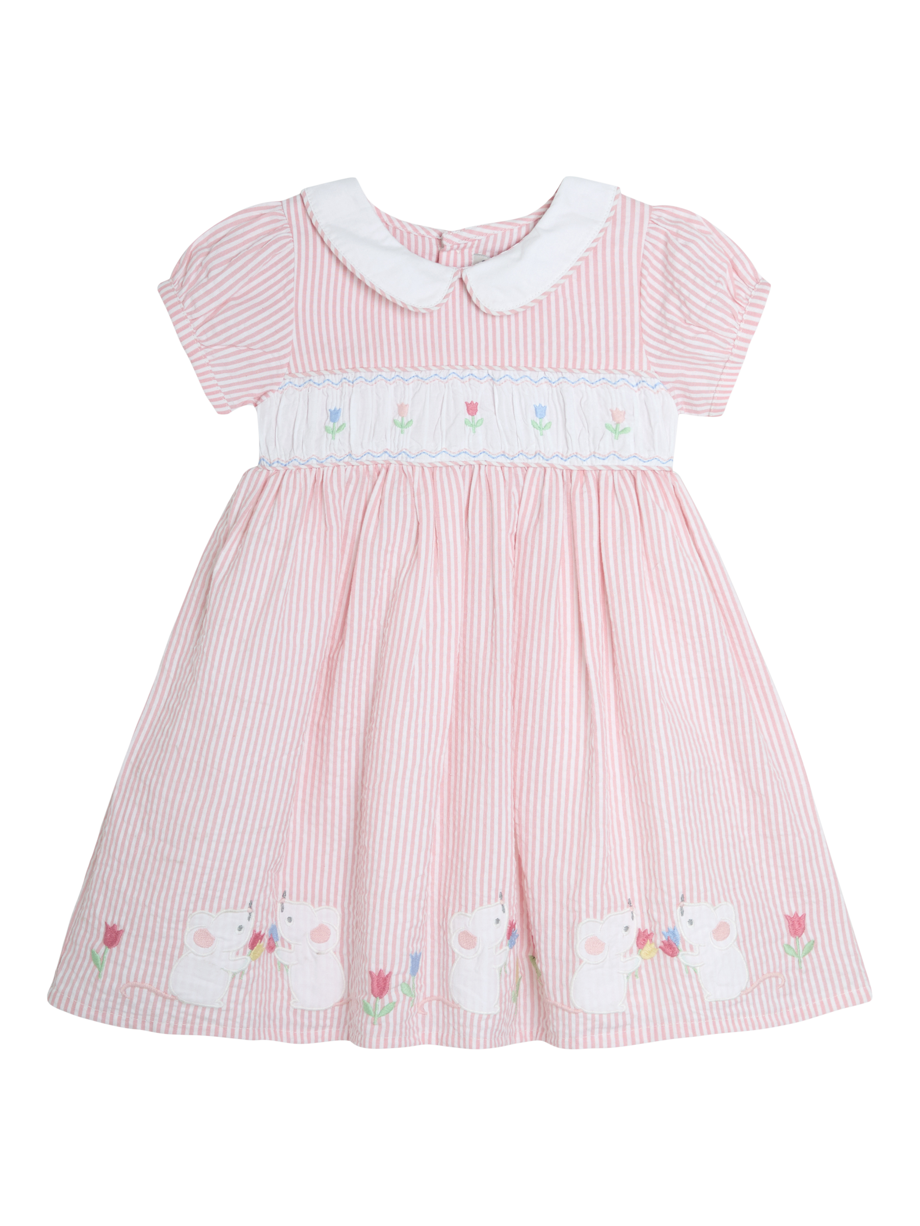 Product image 2 of 5, which shows JoJo Maman Bébé Kids' Cotton Mouse Applique Dress & Bloomers Set, Pink, 6-12 months
