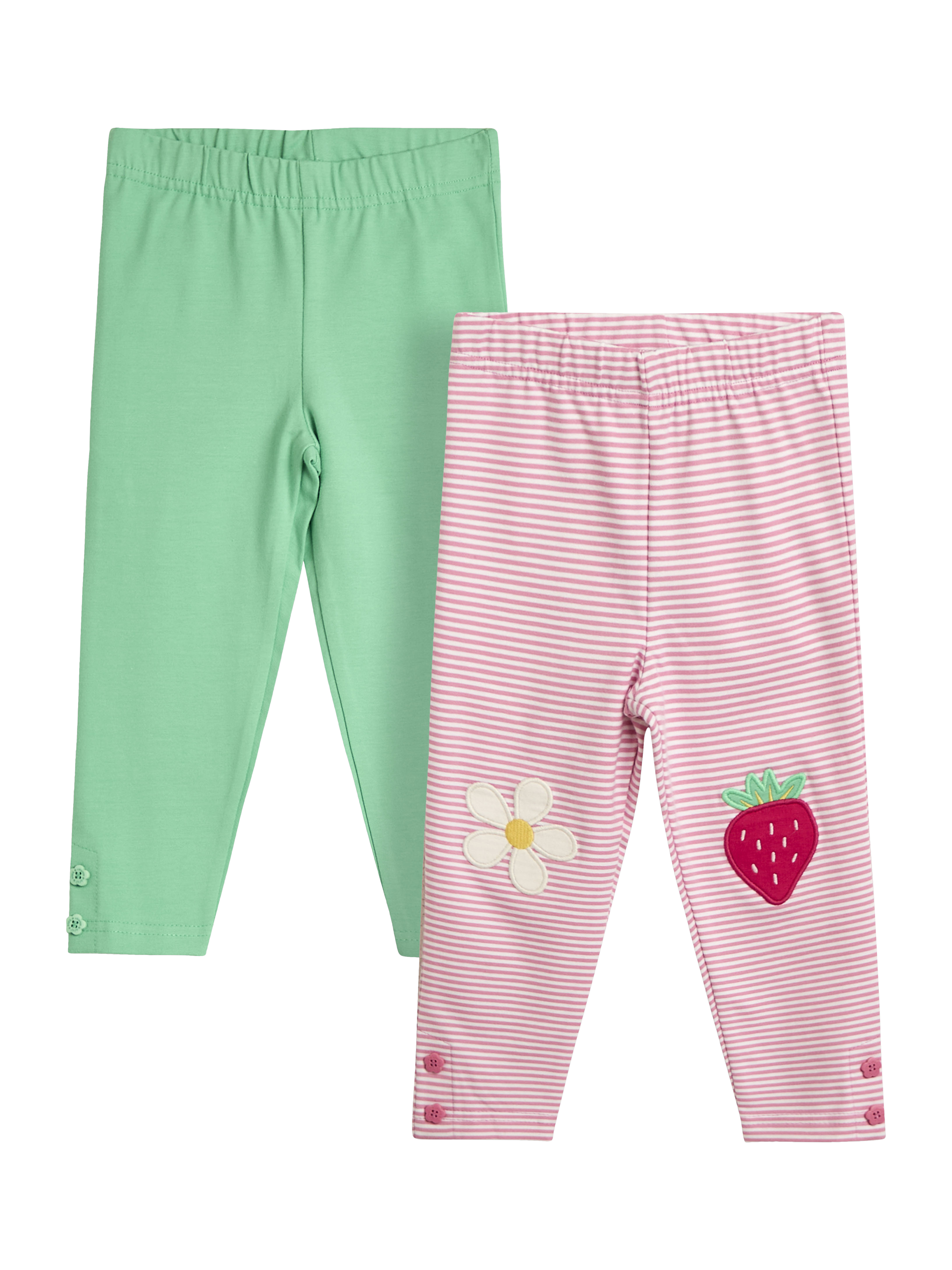 Product image 1 of 5, which shows JoJo Maman Bébé Kids' Plain & Stripe Applique Leggings, Pack of 2, Pink, 6-12 months
