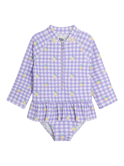 JoJo Maman Bébé Lemon Long Sleeve Swimsuit, Purple Gingham/Multi, Purple Gingham/Multi