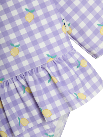 JoJo Maman Bébé Lemon Long Sleeve Swimsuit, Purple Gingham/Multi - view 2, Purple Gingham/Multi